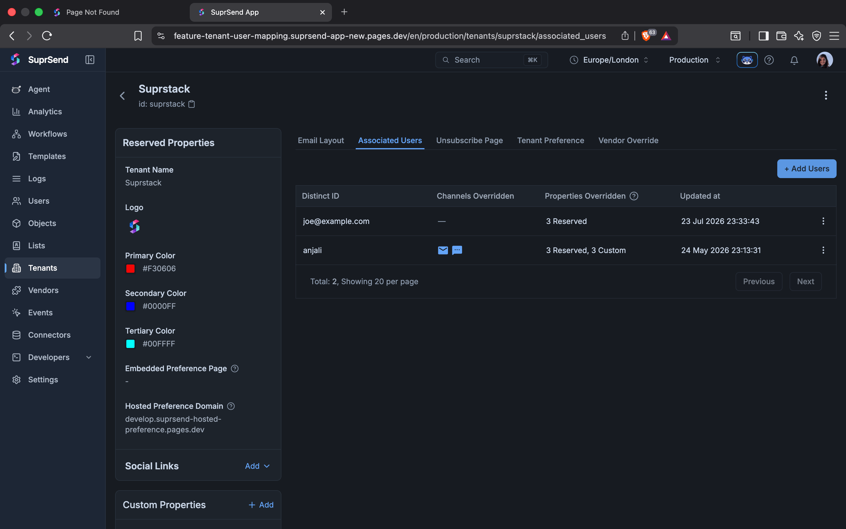 Tenant details — Associated Users tab listing users mapped to the tenant