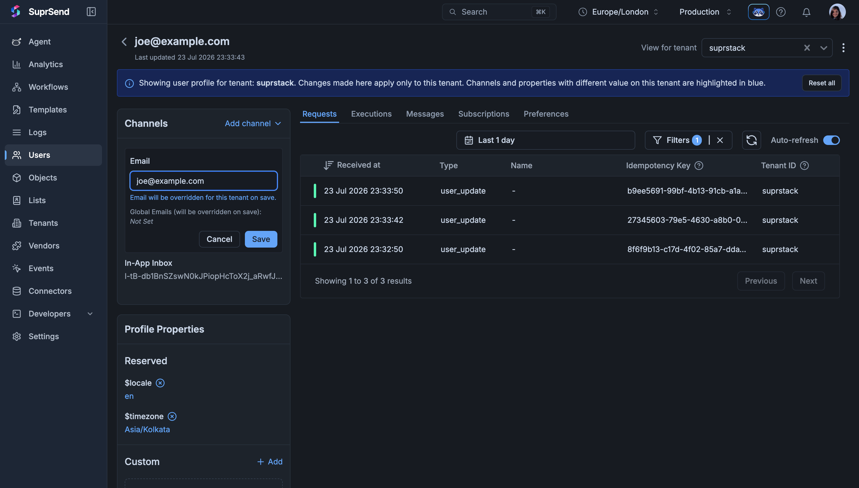 User detail page — View for tenant filter set, banner explaining tenant context, and per-tenant Email override highlighted