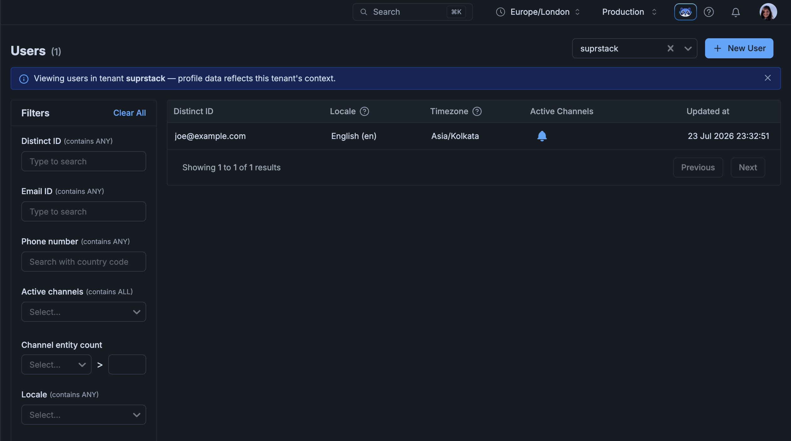 Users listing filtered to tenant suprstack — banner shows the tenant context and profile data reflects it