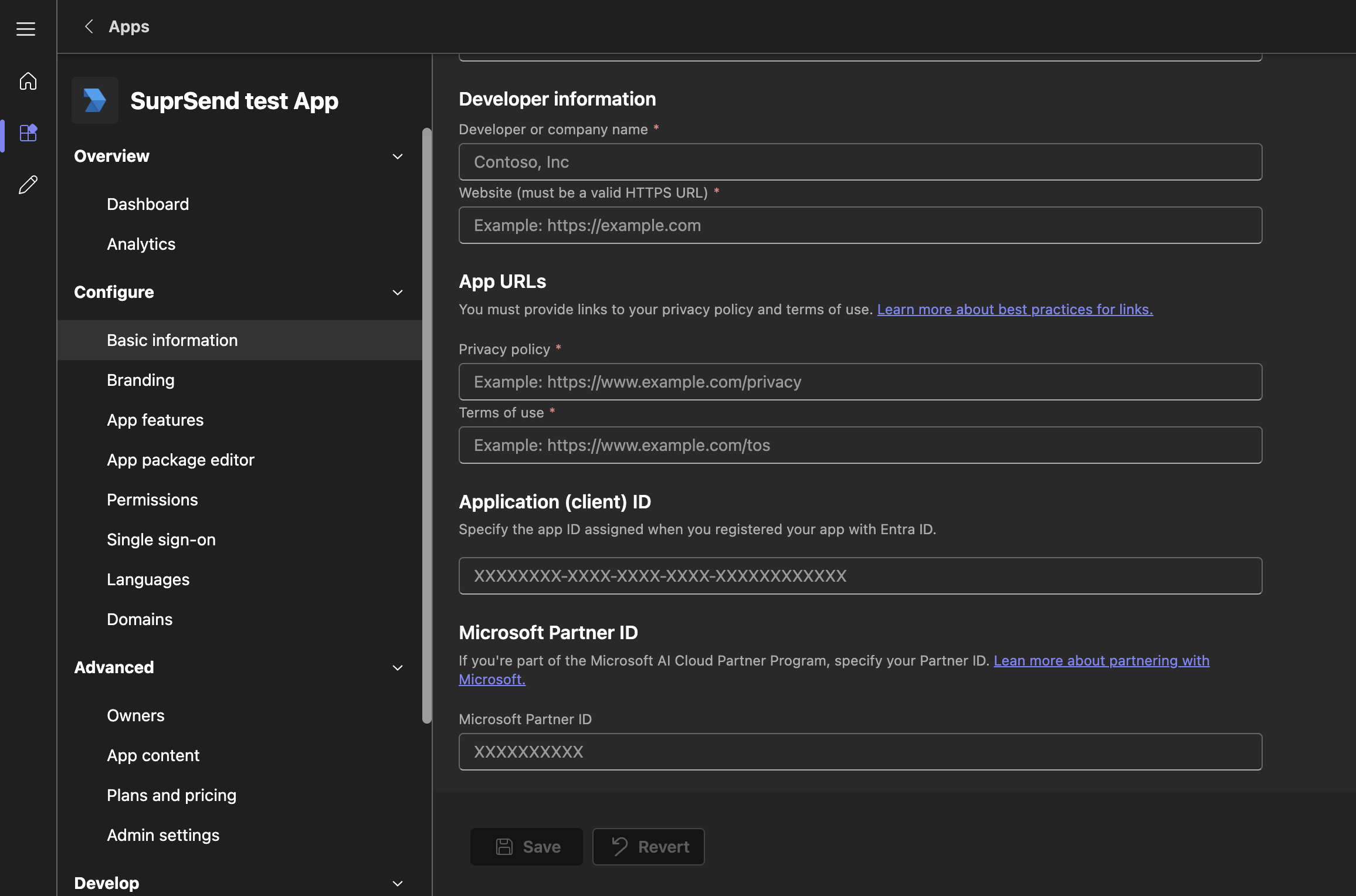 Teams app Basic information form with developer name, HTTPS URL fields, and Application (client) ID