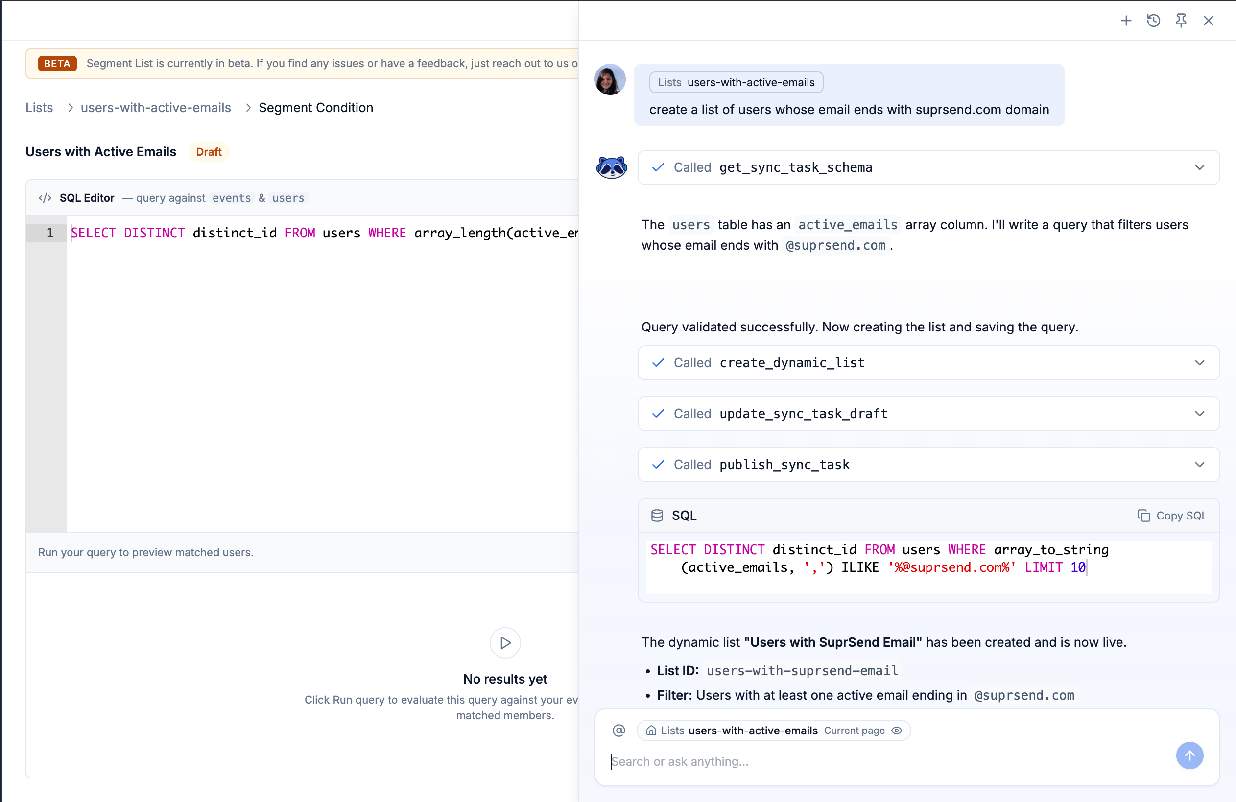 Segment Builder with SQL editor, schema panel, and Generate with AI button