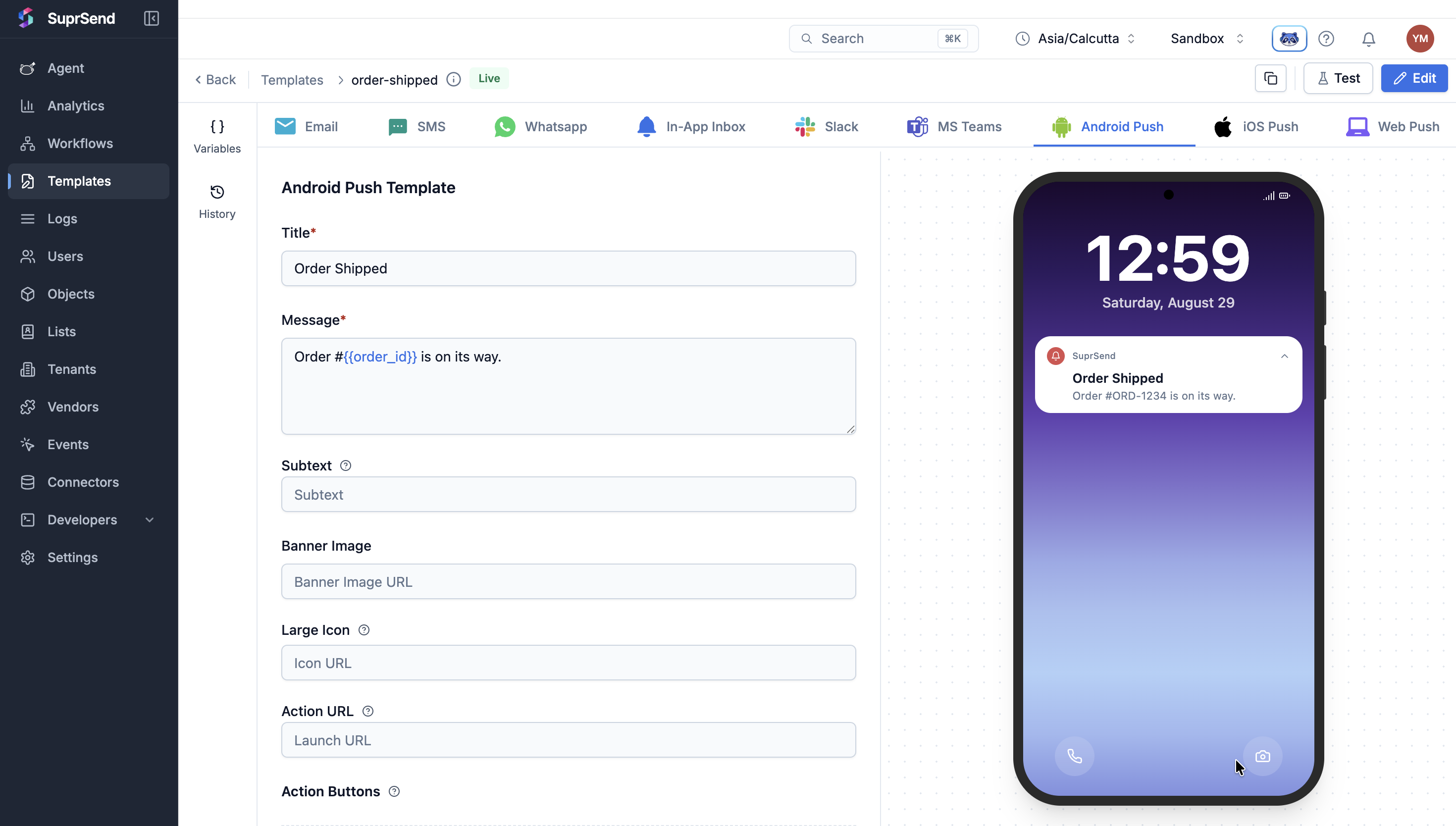 Android Push template in the order-shipped editor, with a preview of the notification on a device lock screen