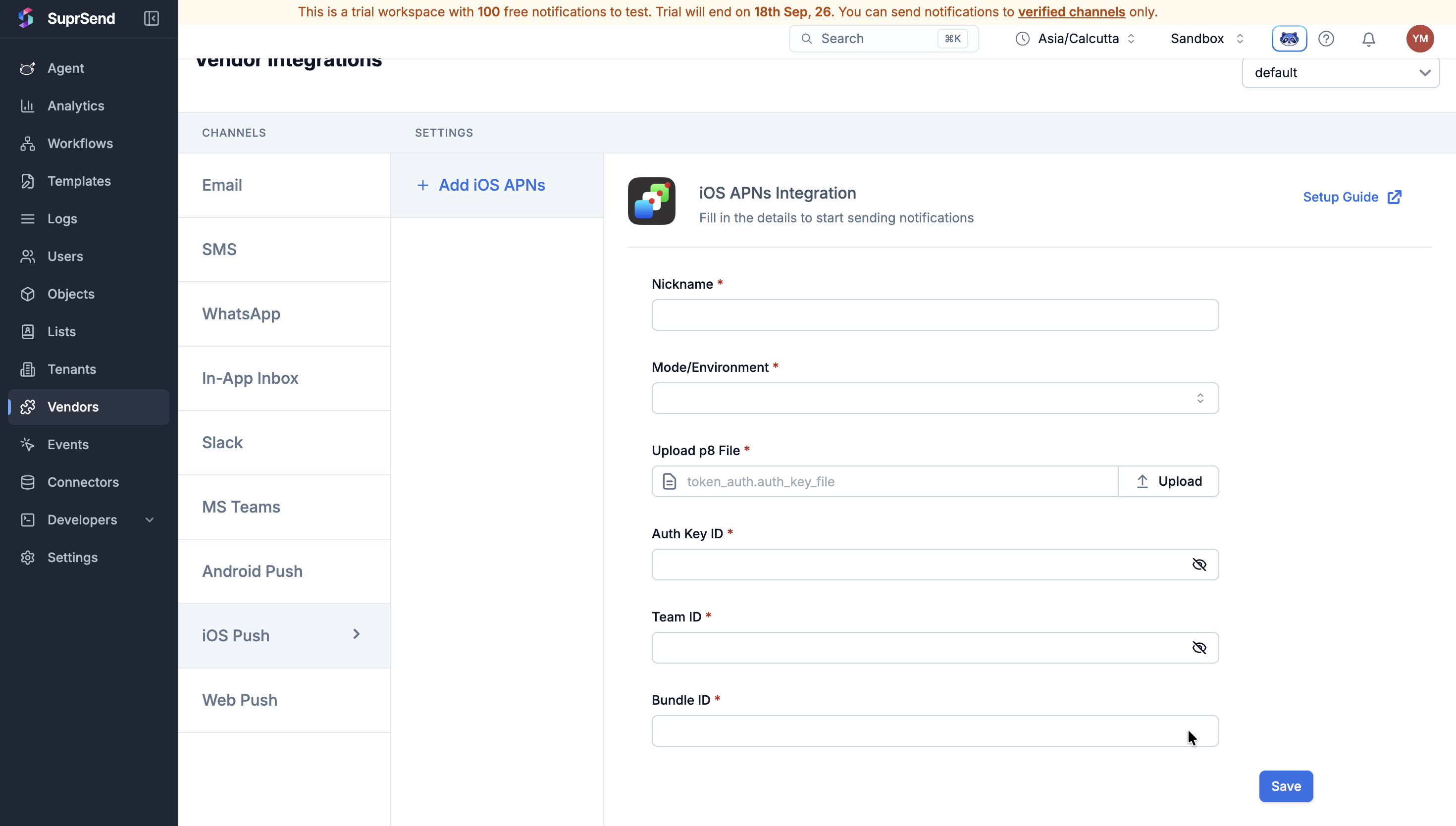 SuprSend iOS APNs vendor form with fields for nickname, mode or environment, p8 file upload, auth key ID, team ID and bundle ID