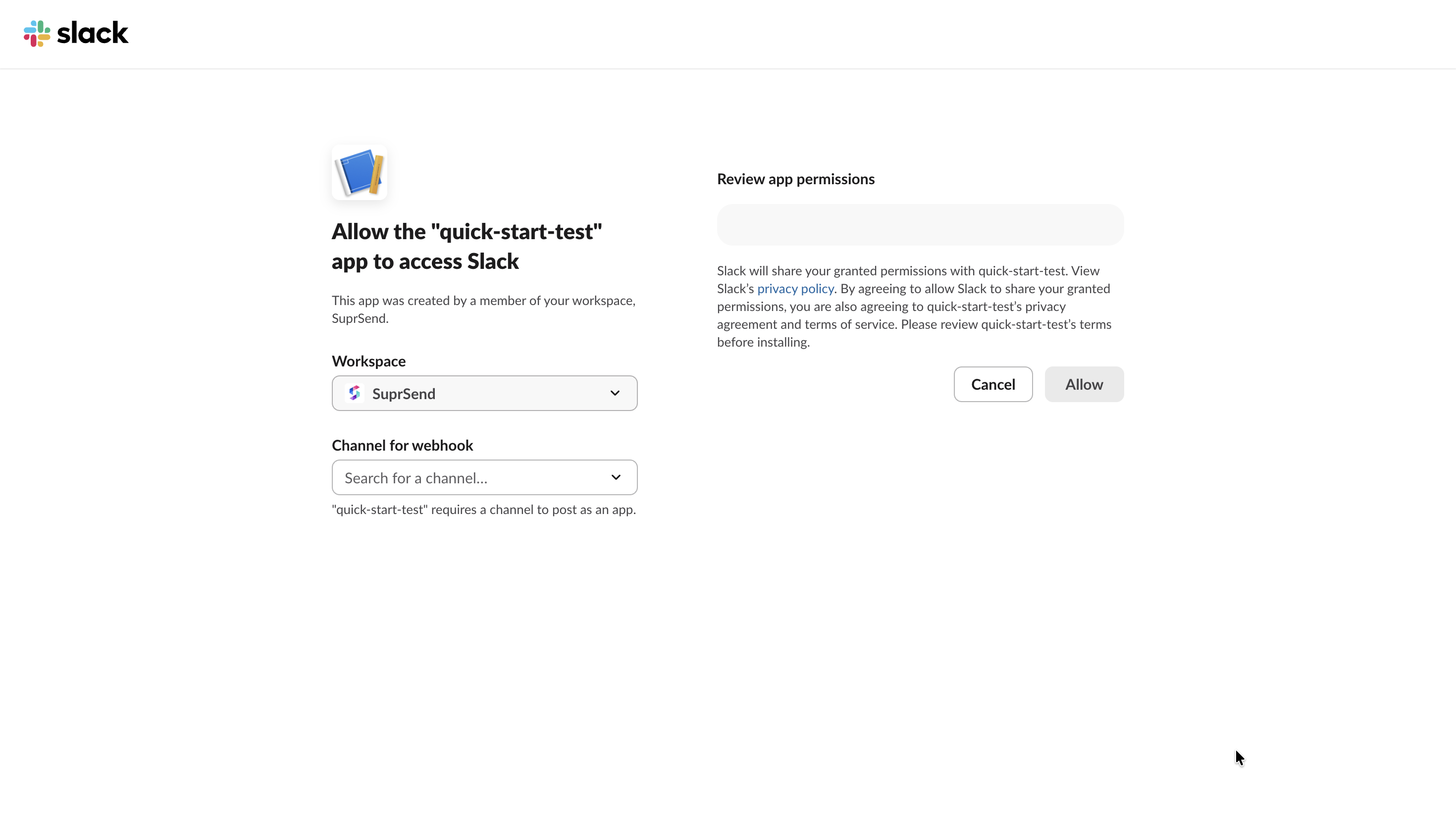 Slack authorization screen asking which workspace and channel the webhook should post to