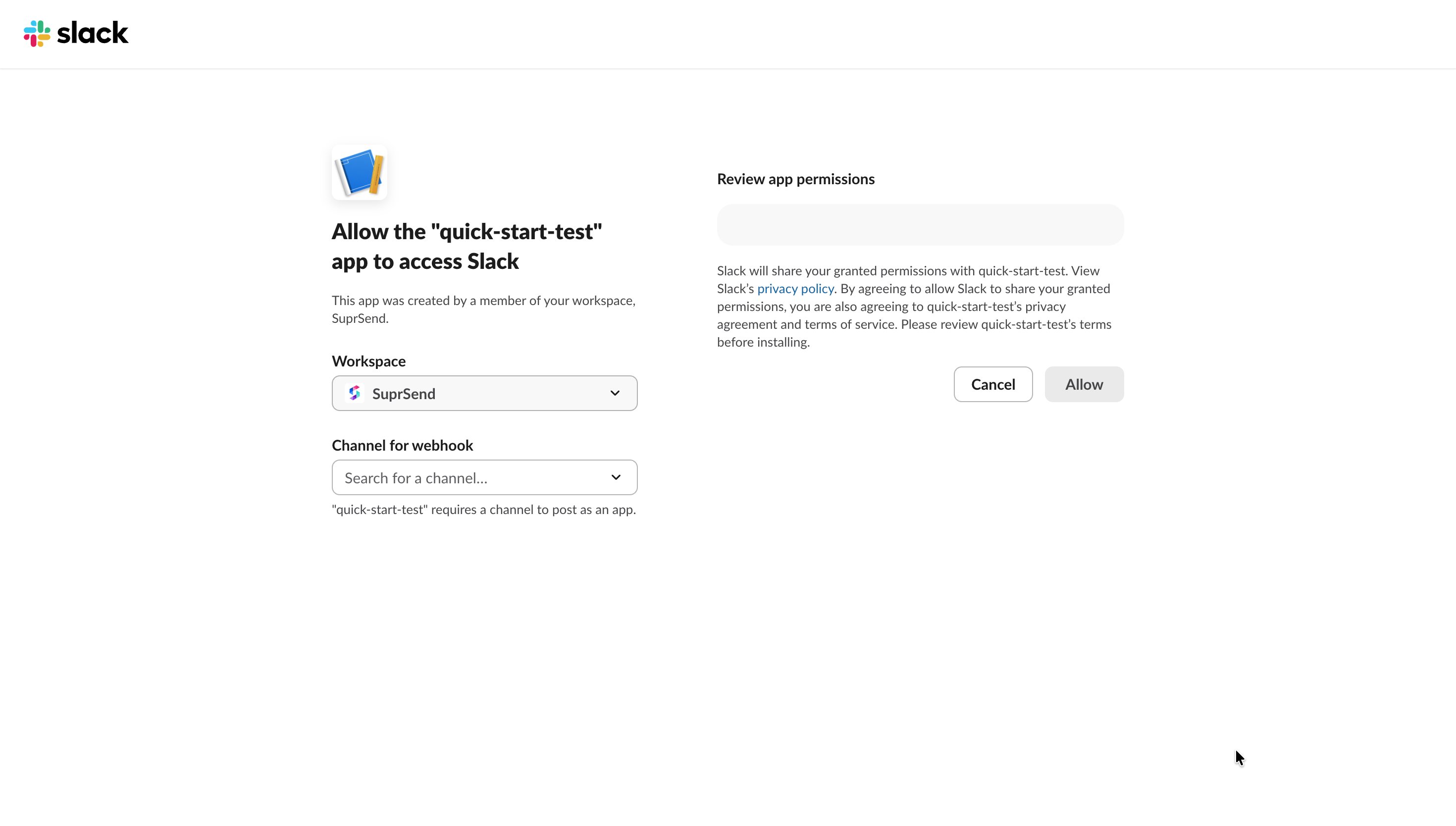 Slack authorization screen asking which workspace and channel the webhook should post to