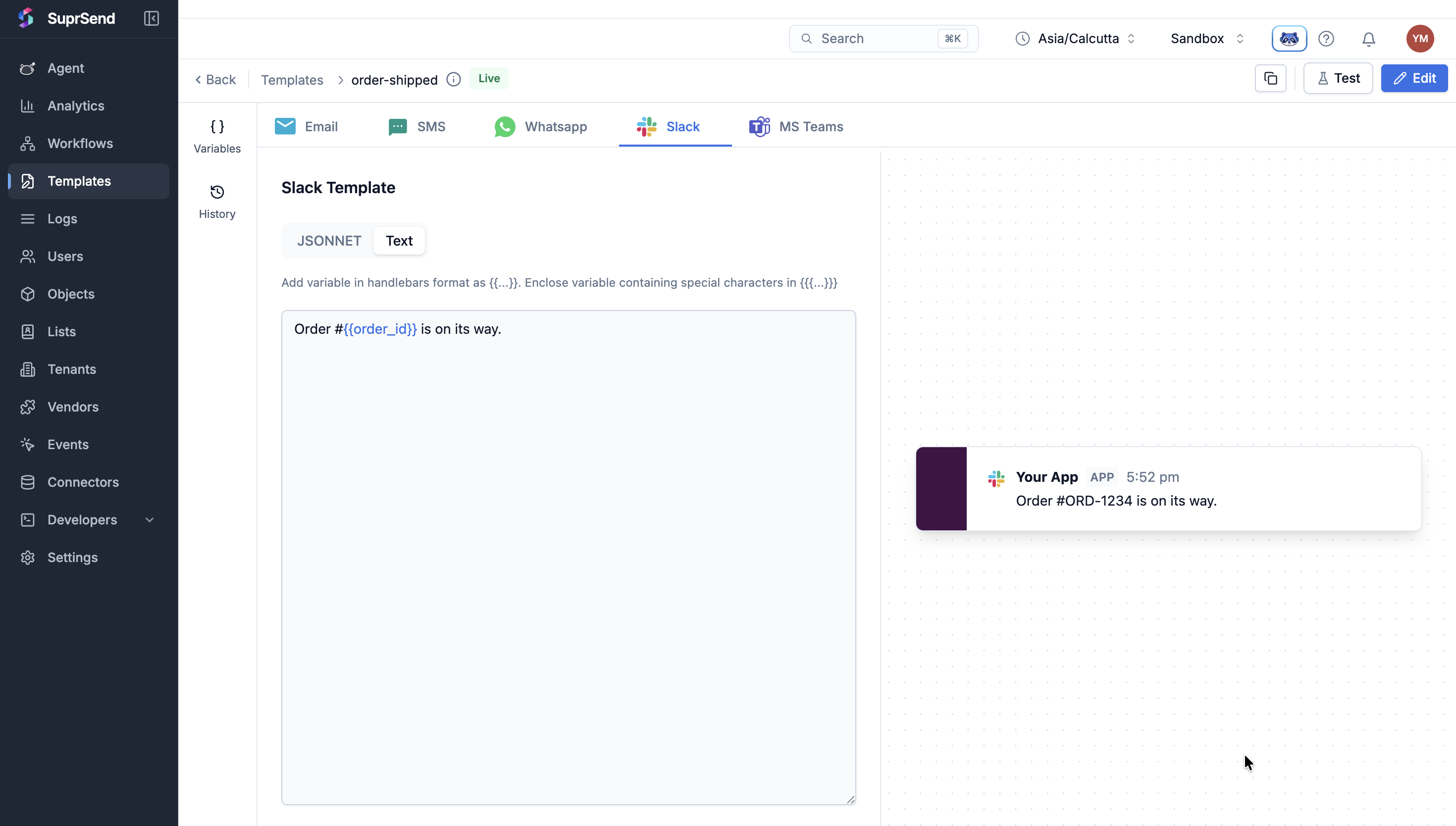 Slack template in the order-shipped editor with the Text editor selected, and a preview of the rendered Slack message