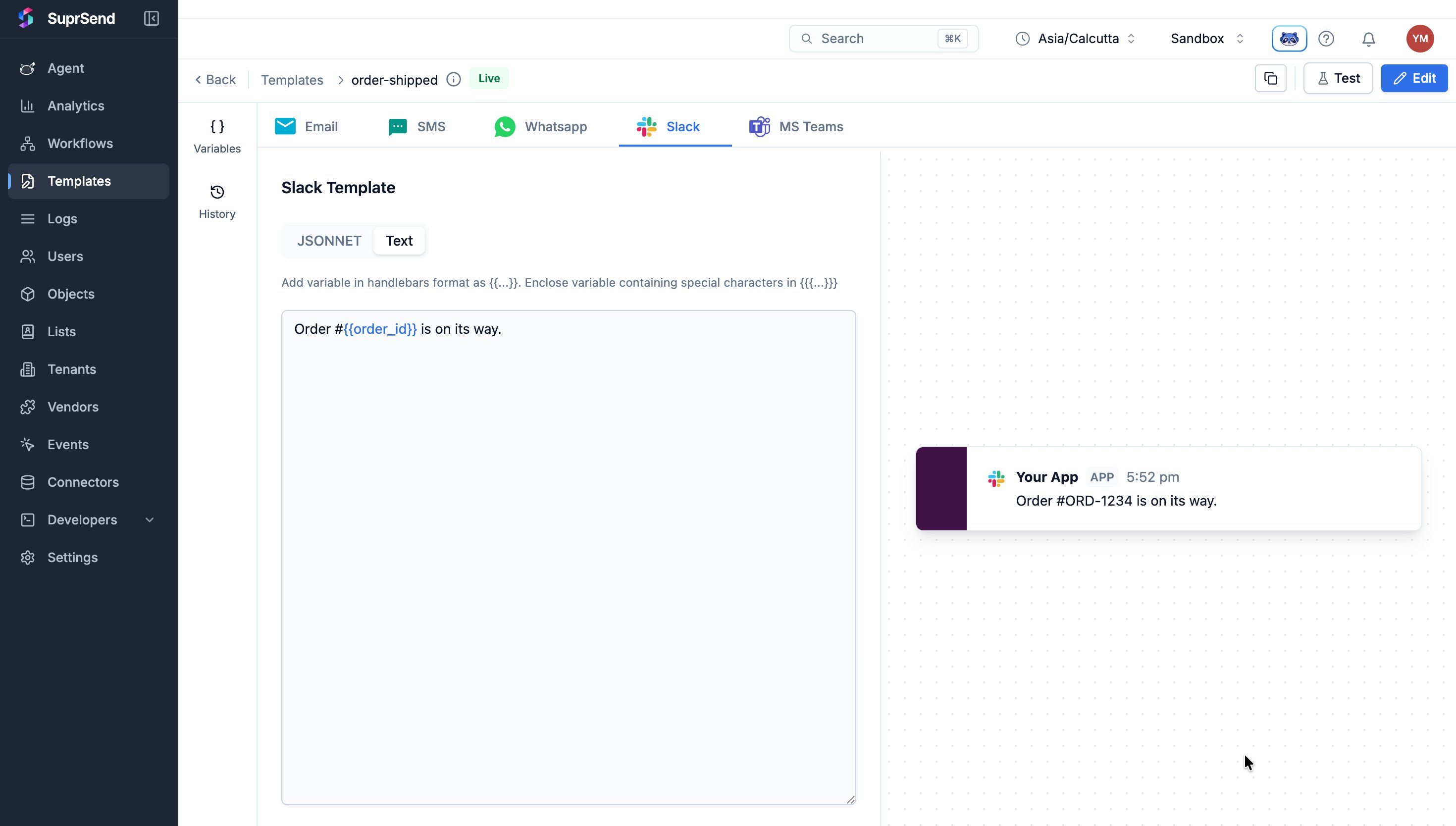 Slack template in the order-shipped editor with the Text editor selected, and a preview of the rendered Slack message