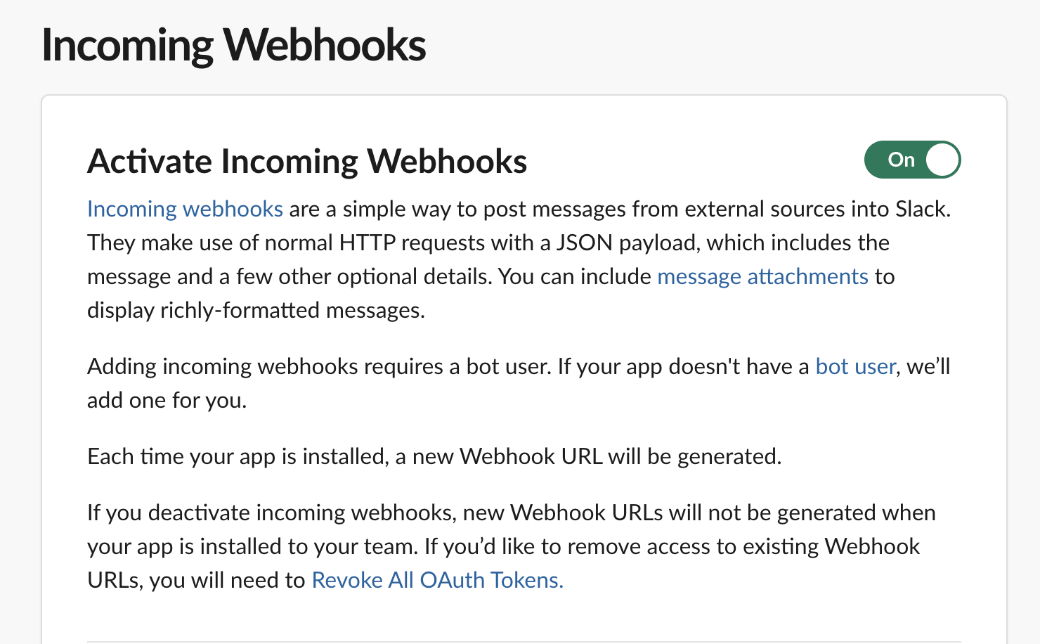 Slack app settings with Activate Incoming Webhooks toggled on