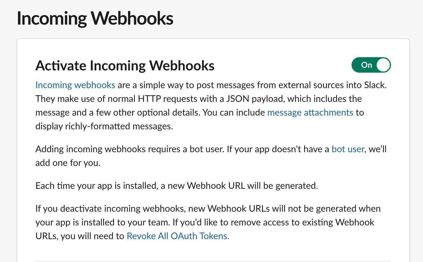 Slack app settings with Activate Incoming Webhooks toggled on