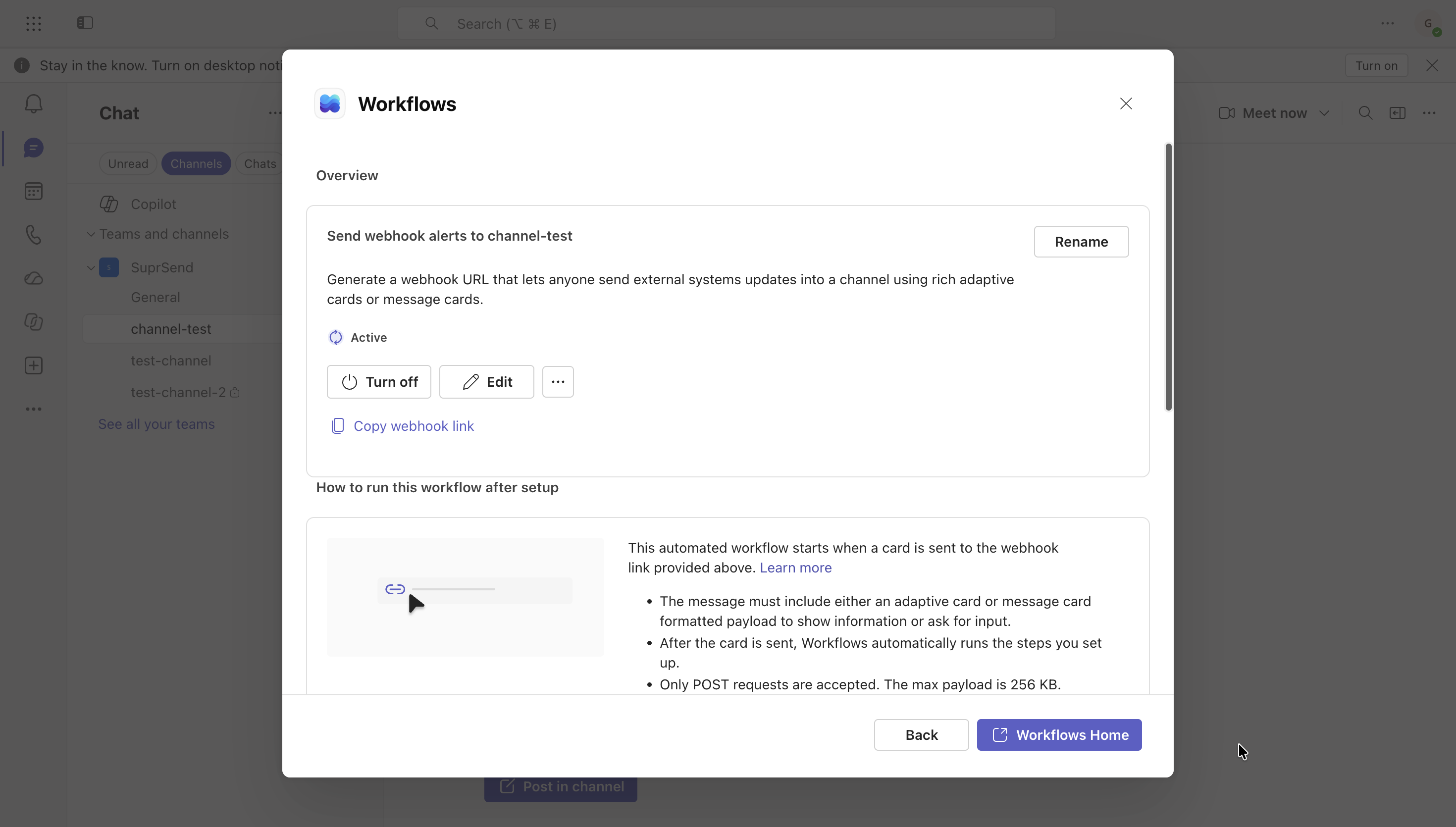 Active webhook workflow overview with the Copy webhook link option