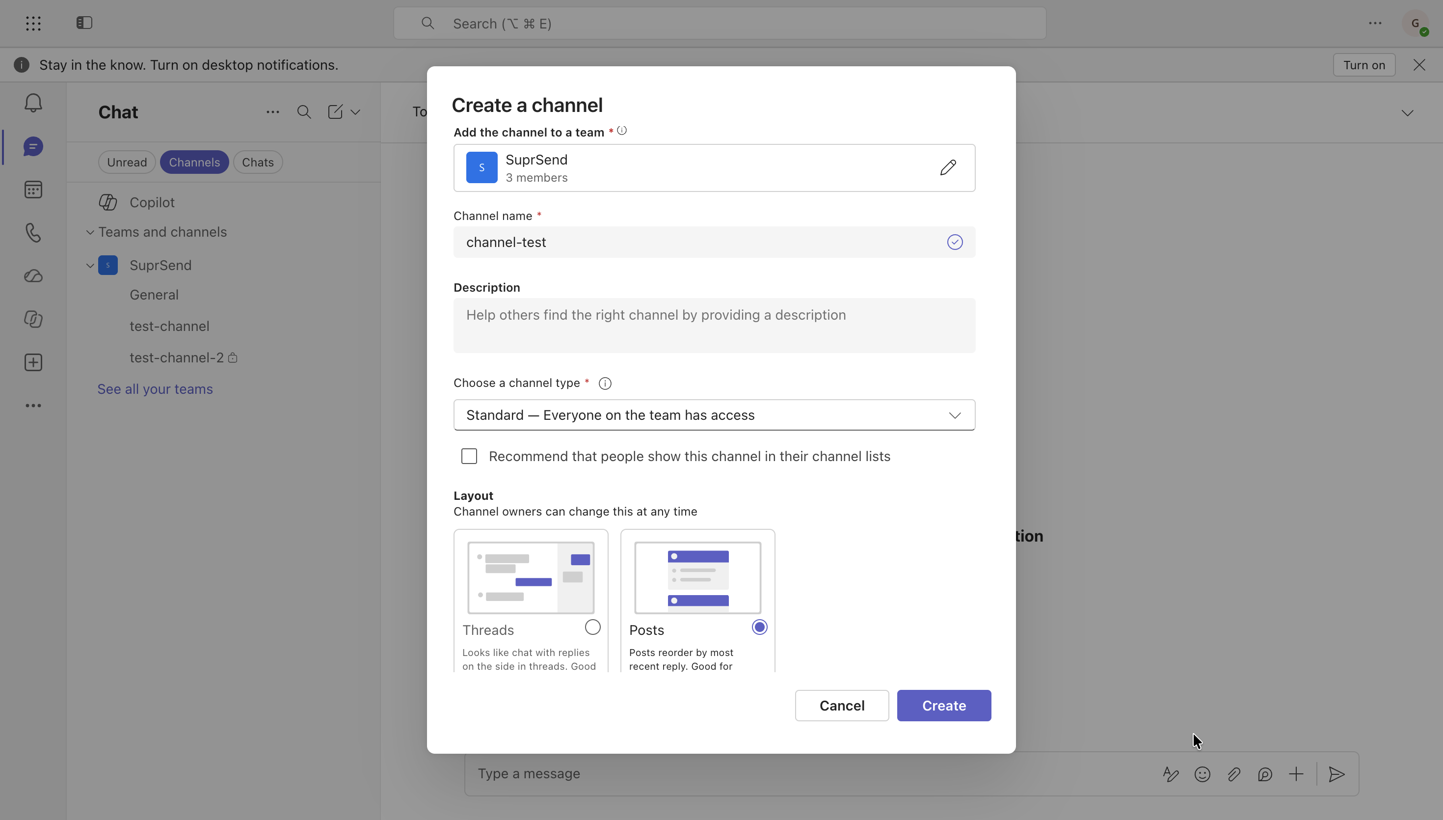 Teams Create a channel dialog with Standard channel type and the Posts layout selected