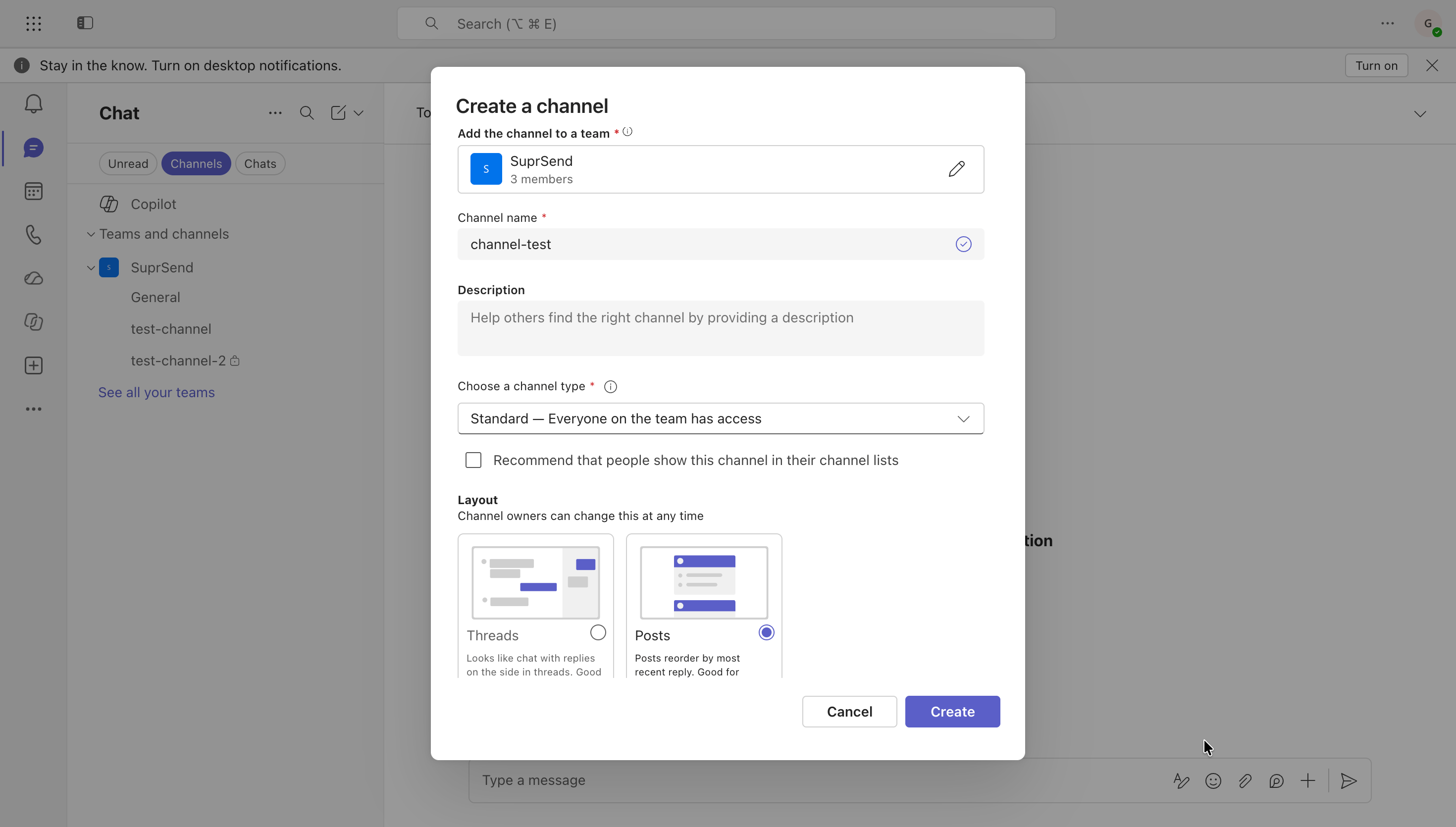 Teams Create a channel dialog with Standard channel type and the Posts layout selected
