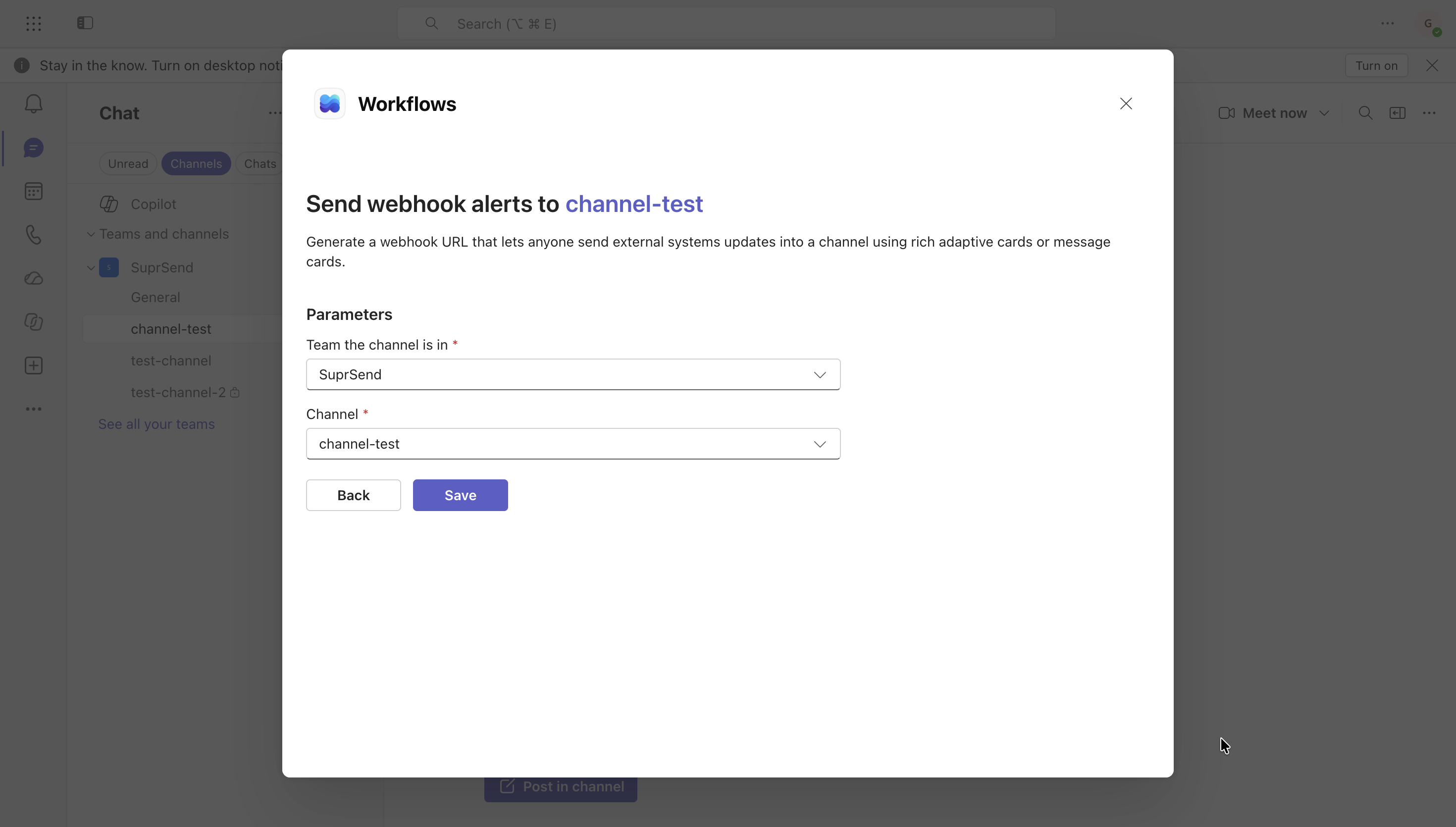Send webhook alerts parameters with the team and channel selected and a Save button