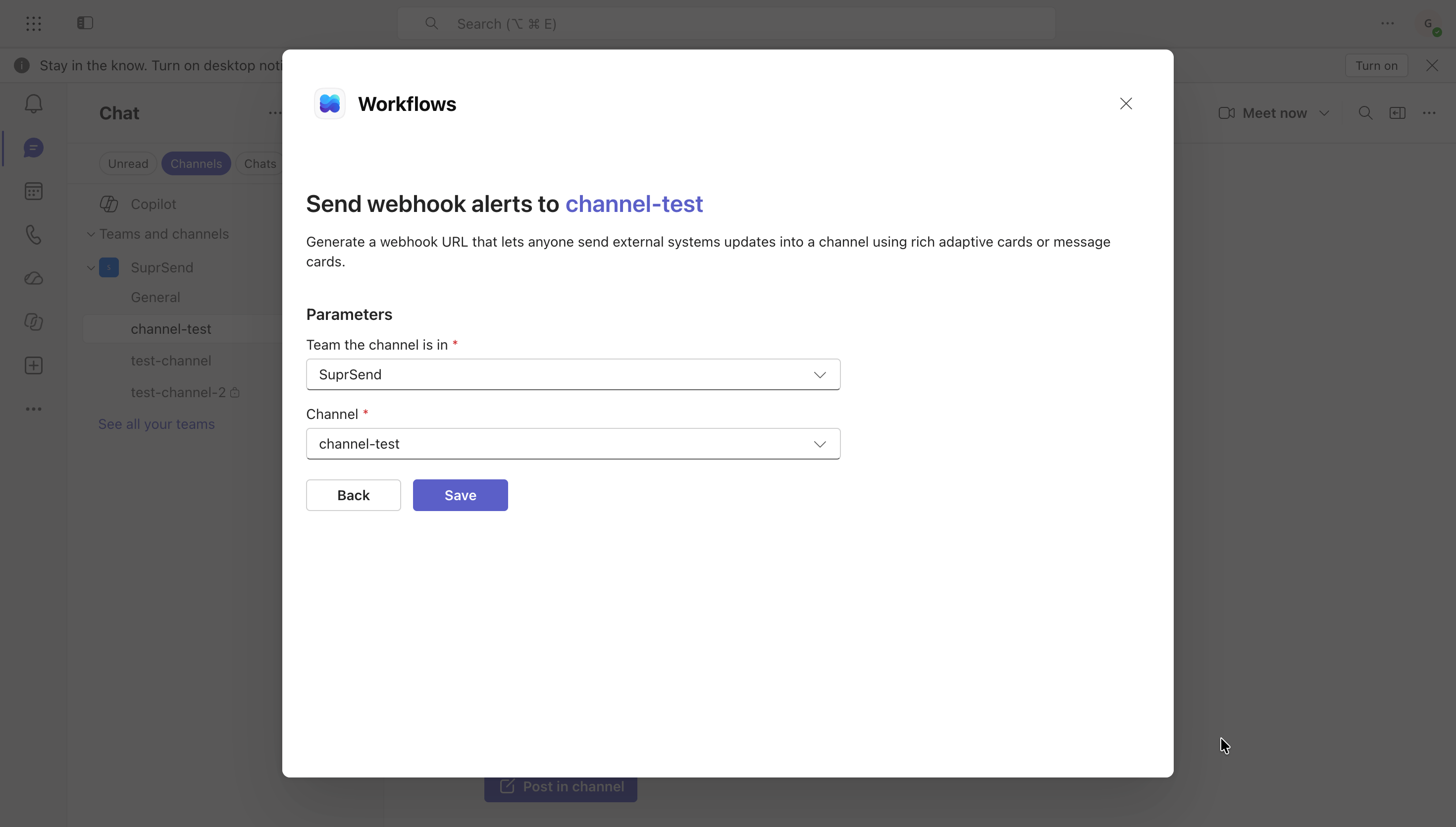 Send webhook alerts parameters with the team and channel selected and a Save button