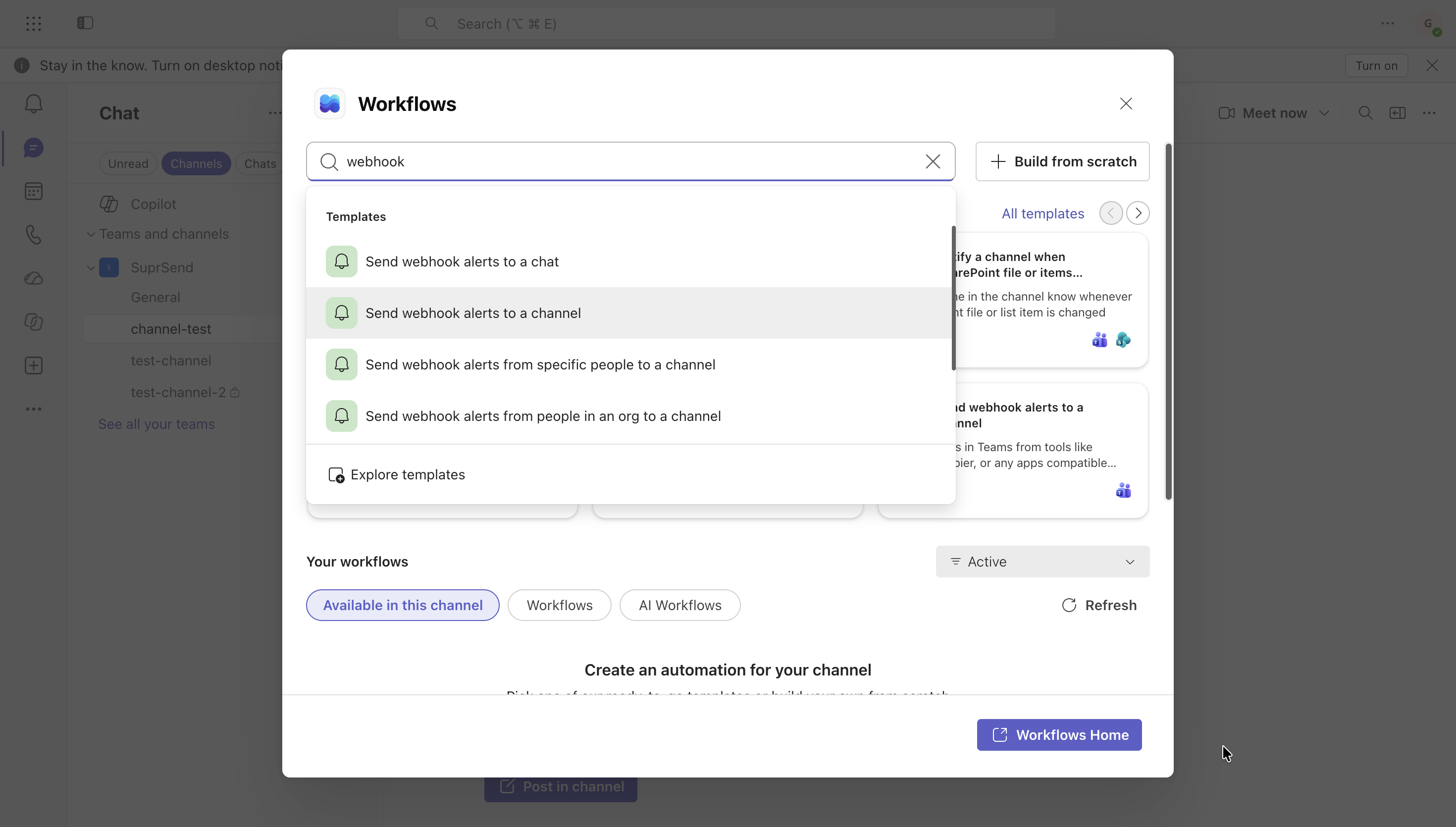 Workflows template search for webhook, with Send webhook alerts to a channel highlighted