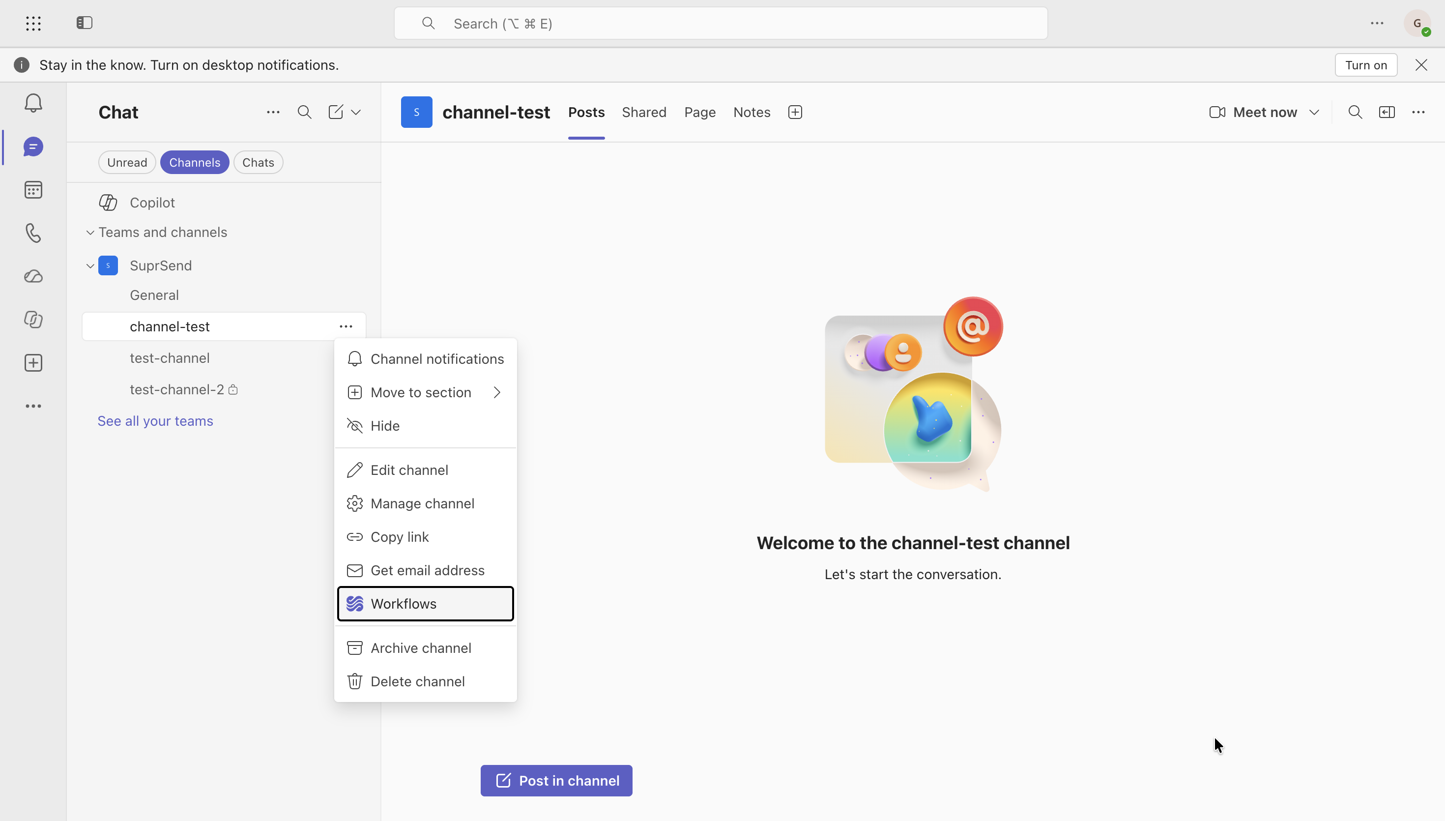 Channel more-options menu in Teams with Workflows highlighted