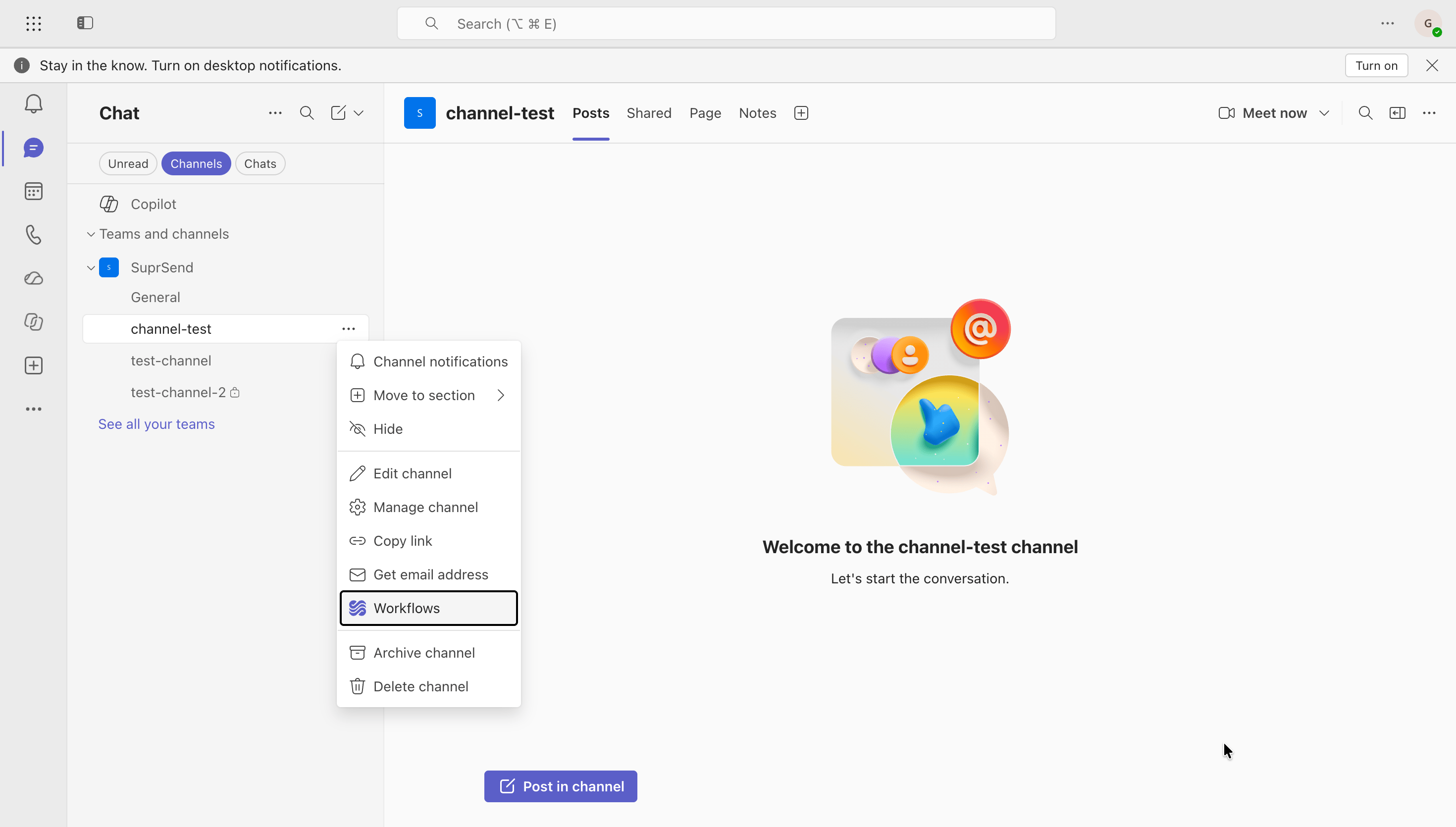 Channel more-options menu in Teams with Workflows highlighted