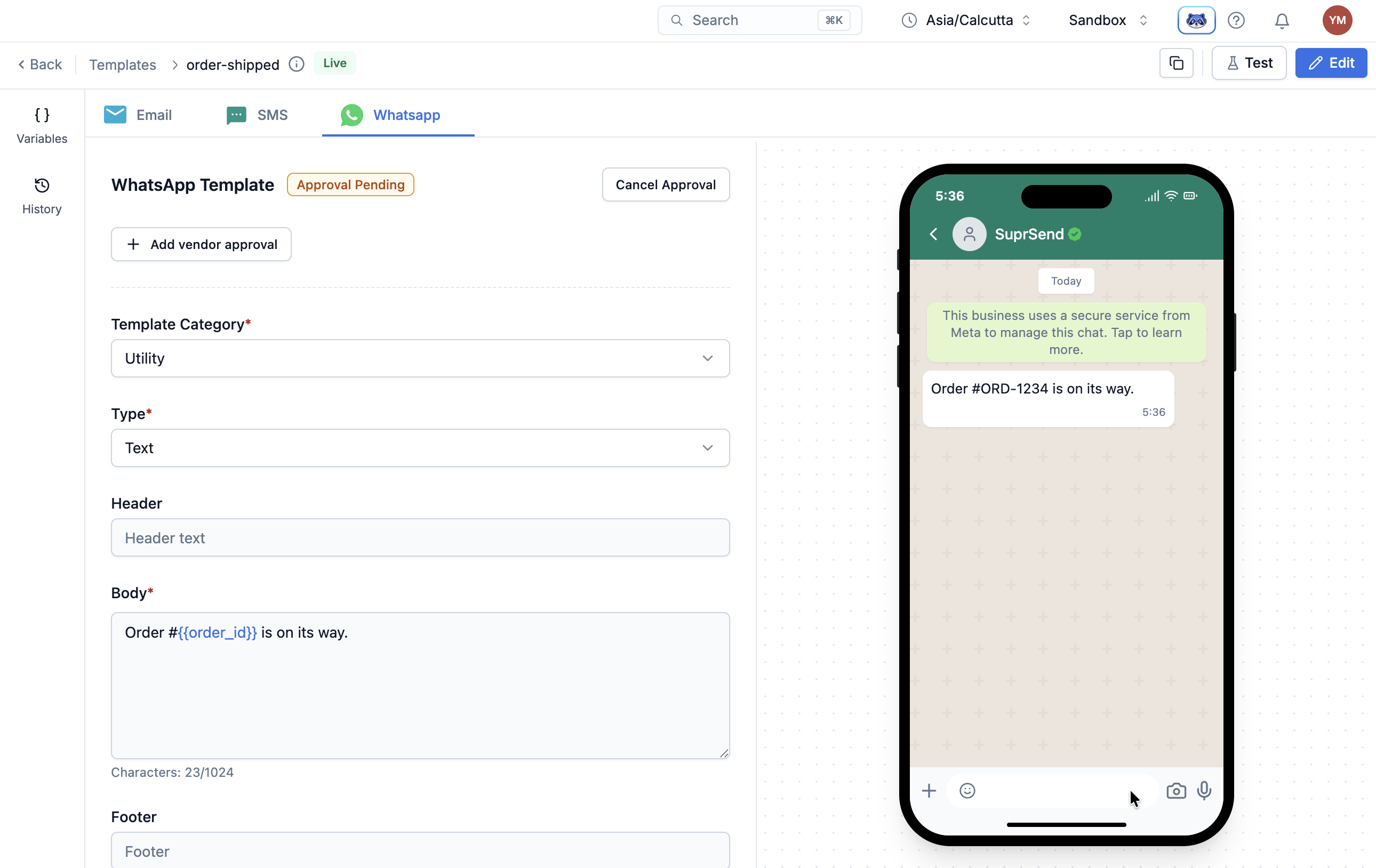 order-shipped template editor with Email, SMS and Whatsapp channel tabs across the top