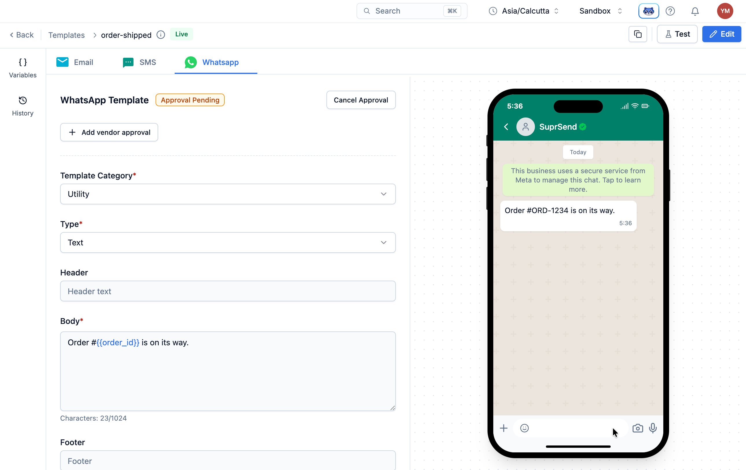 order-shipped template editor with Email, SMS and Whatsapp channel tabs across the top
