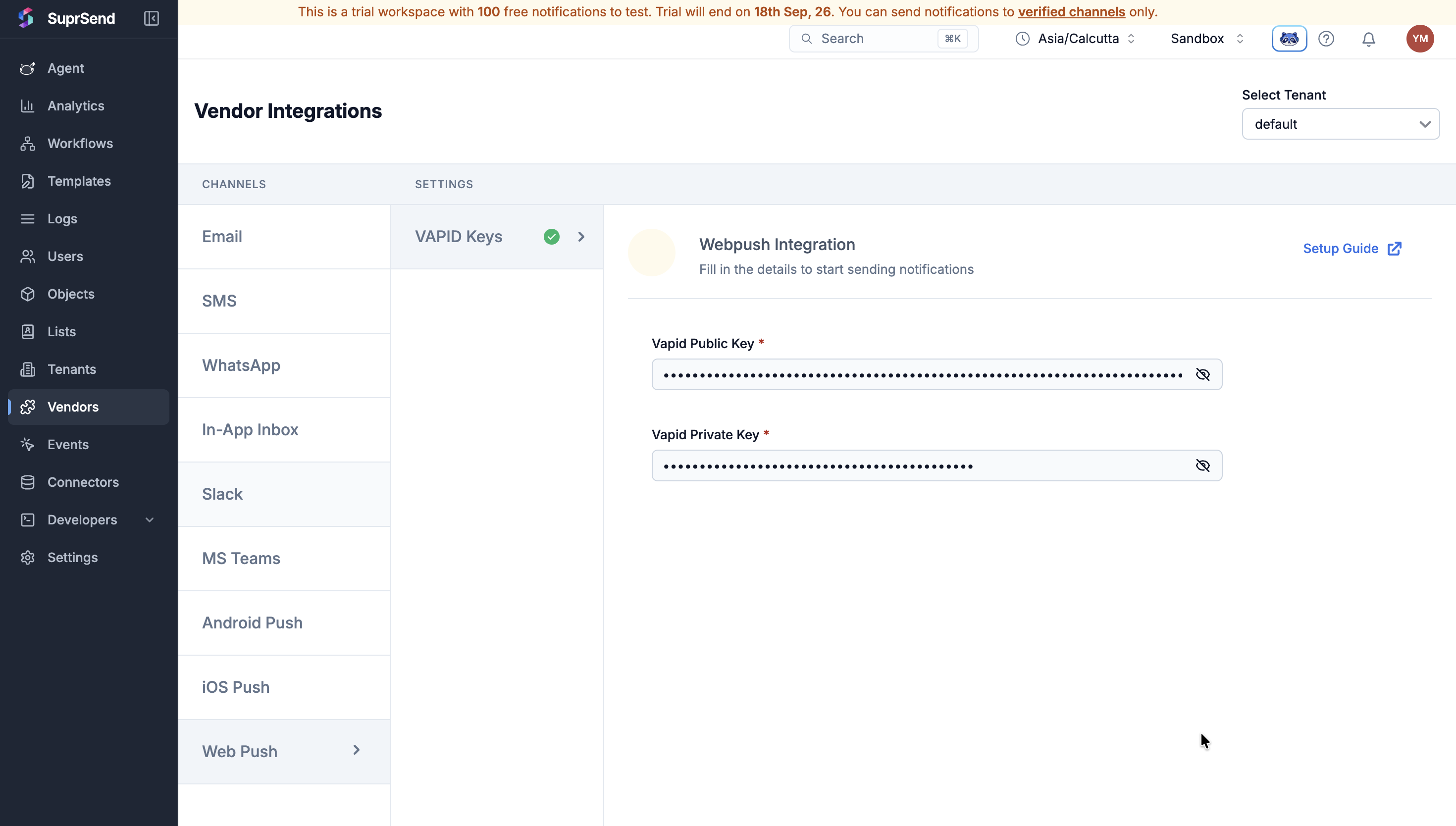 SuprSend Vendor Integrations page in the sandbox, showing every channel down the left and the Web Push VAPID keys already filled in