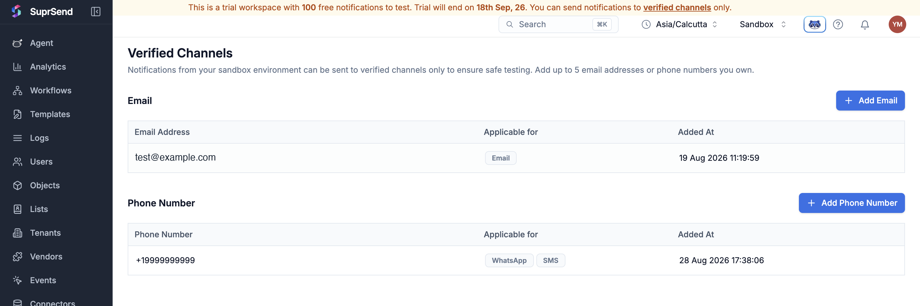 Verified Channels page in the SuprSend sandbox, showing an email address and a phone number marked applicable for WhatsApp and SMS