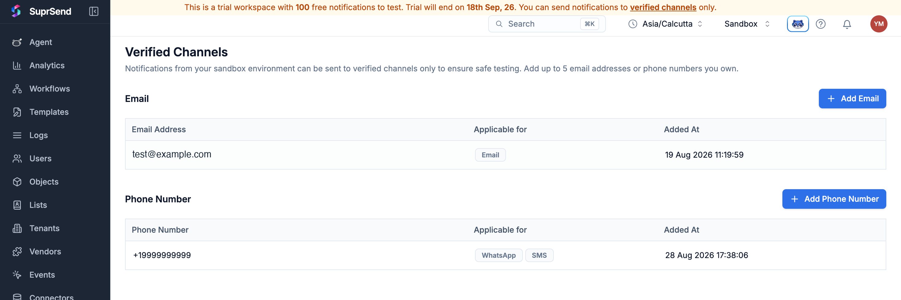 Verified Channels page in the SuprSend sandbox, showing an email address and a phone number marked applicable for WhatsApp and SMS