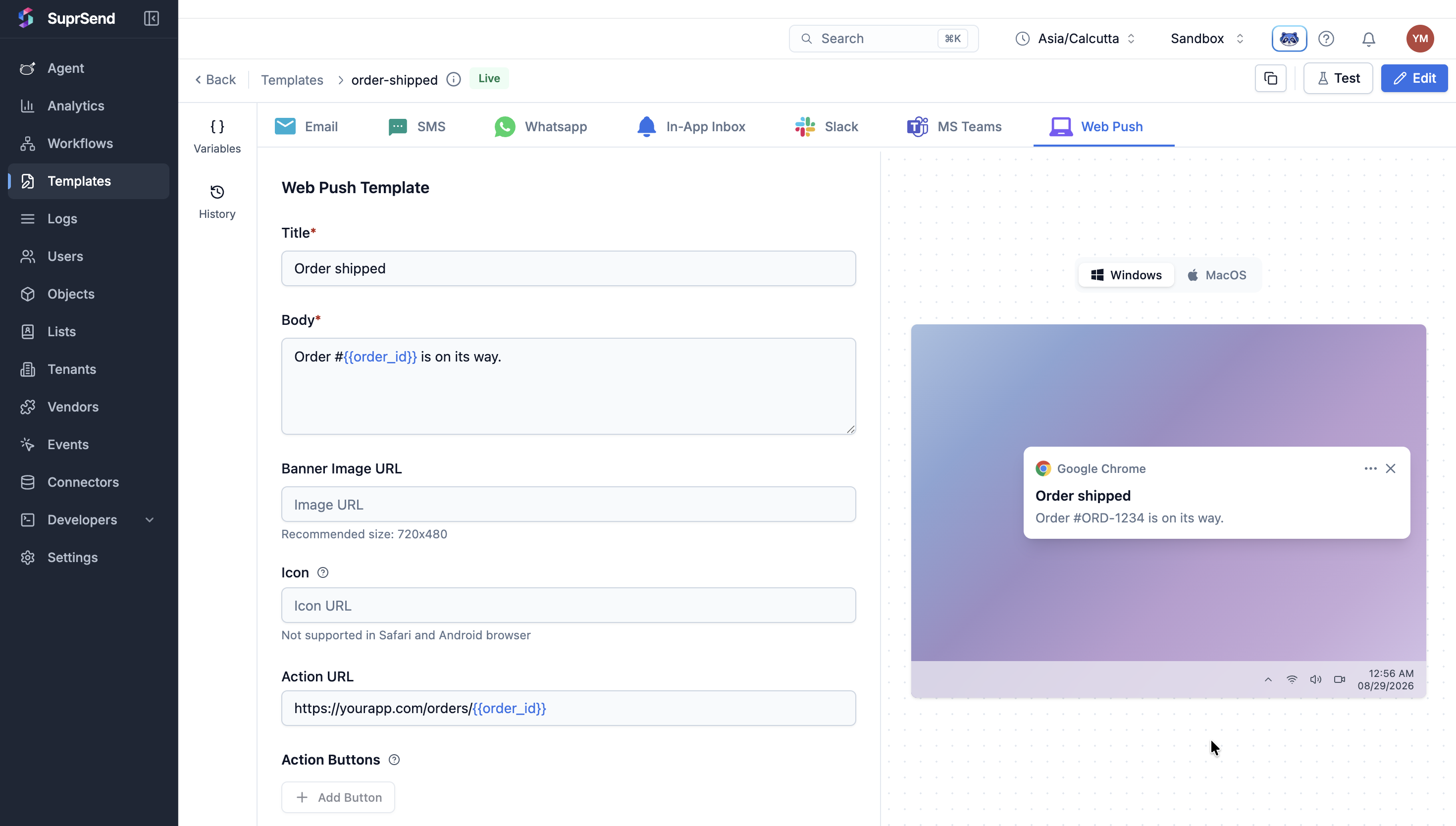 Web Push template in the order-shipped editor, with a preview of the rendered Chrome notification