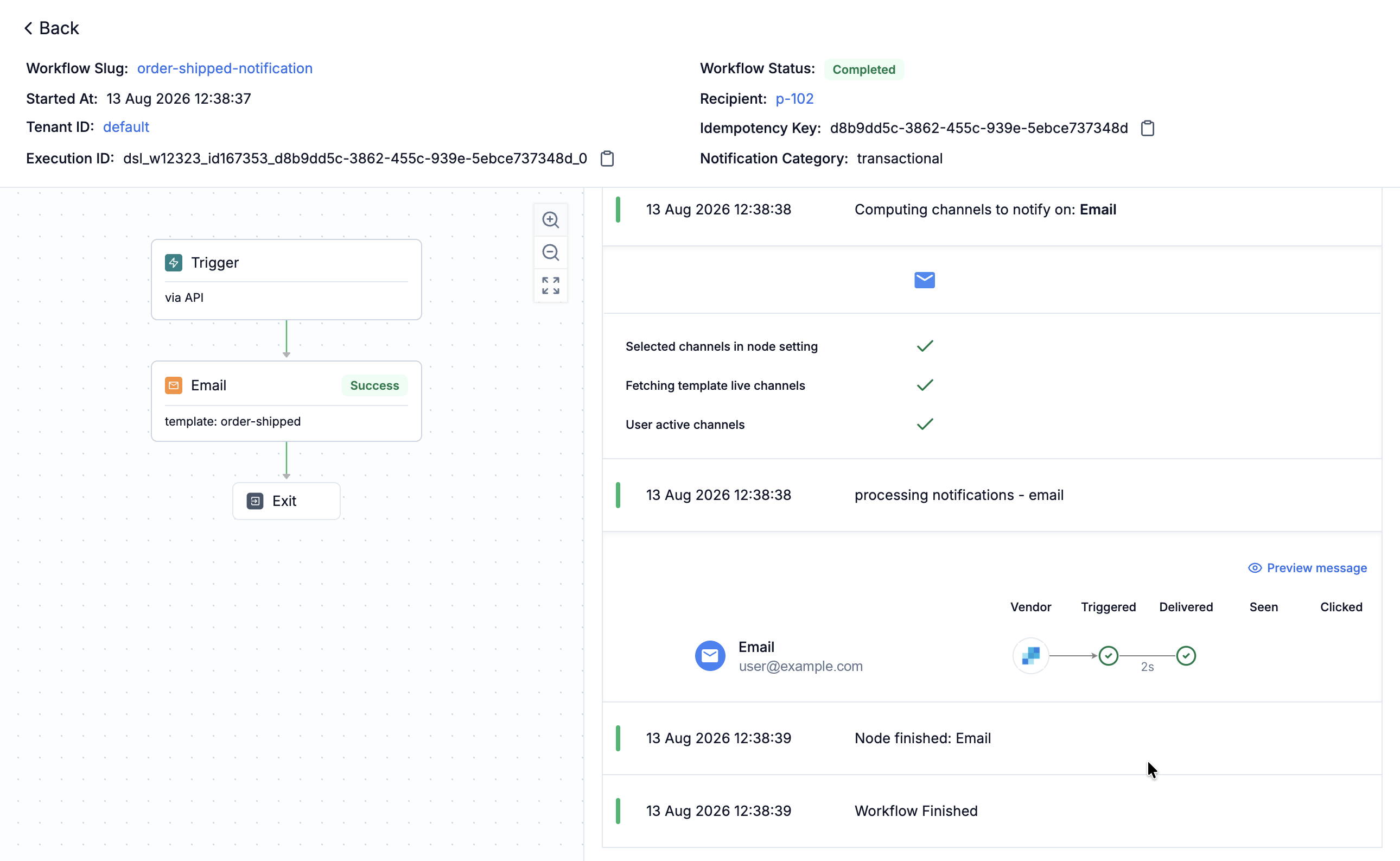 Workflow execution log for order-shipped-notification, showing the email node succeeding and the message delivered