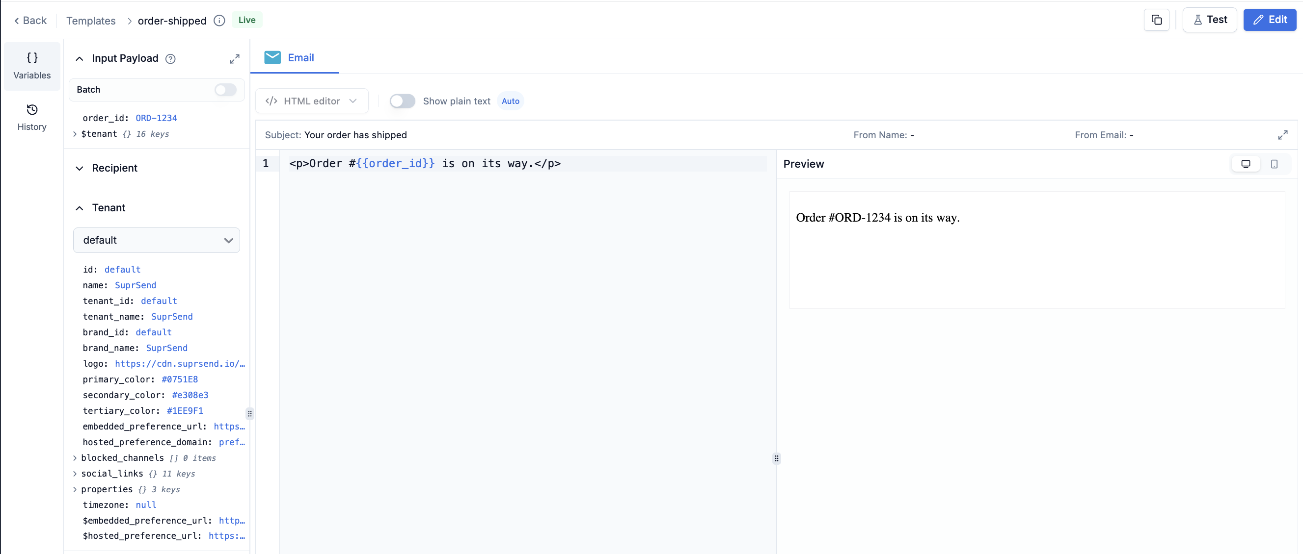 Order Shipped template marked Live, with the input payload on the left and the preview rendering Order #ORD-1234 is on its way