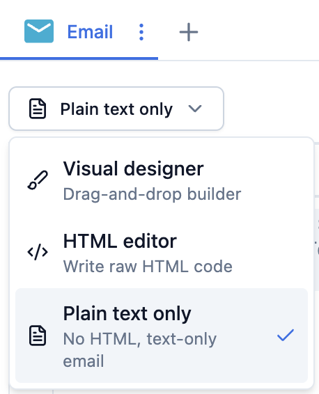 Email template editor with the editor dropdown open and Plain text only selected