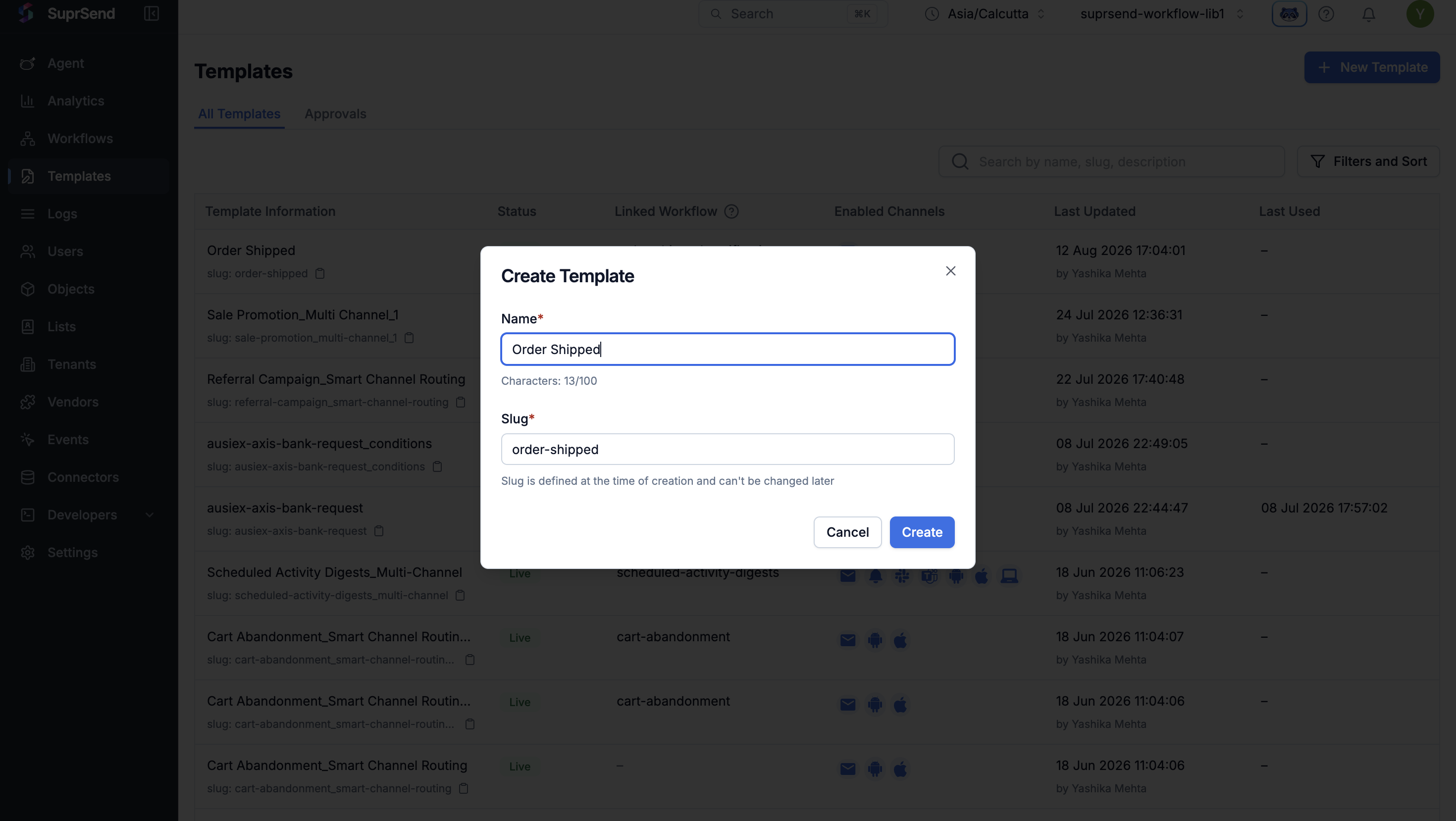 Create Template modal with the name Order Shipped and the auto-generated slug order-shipped