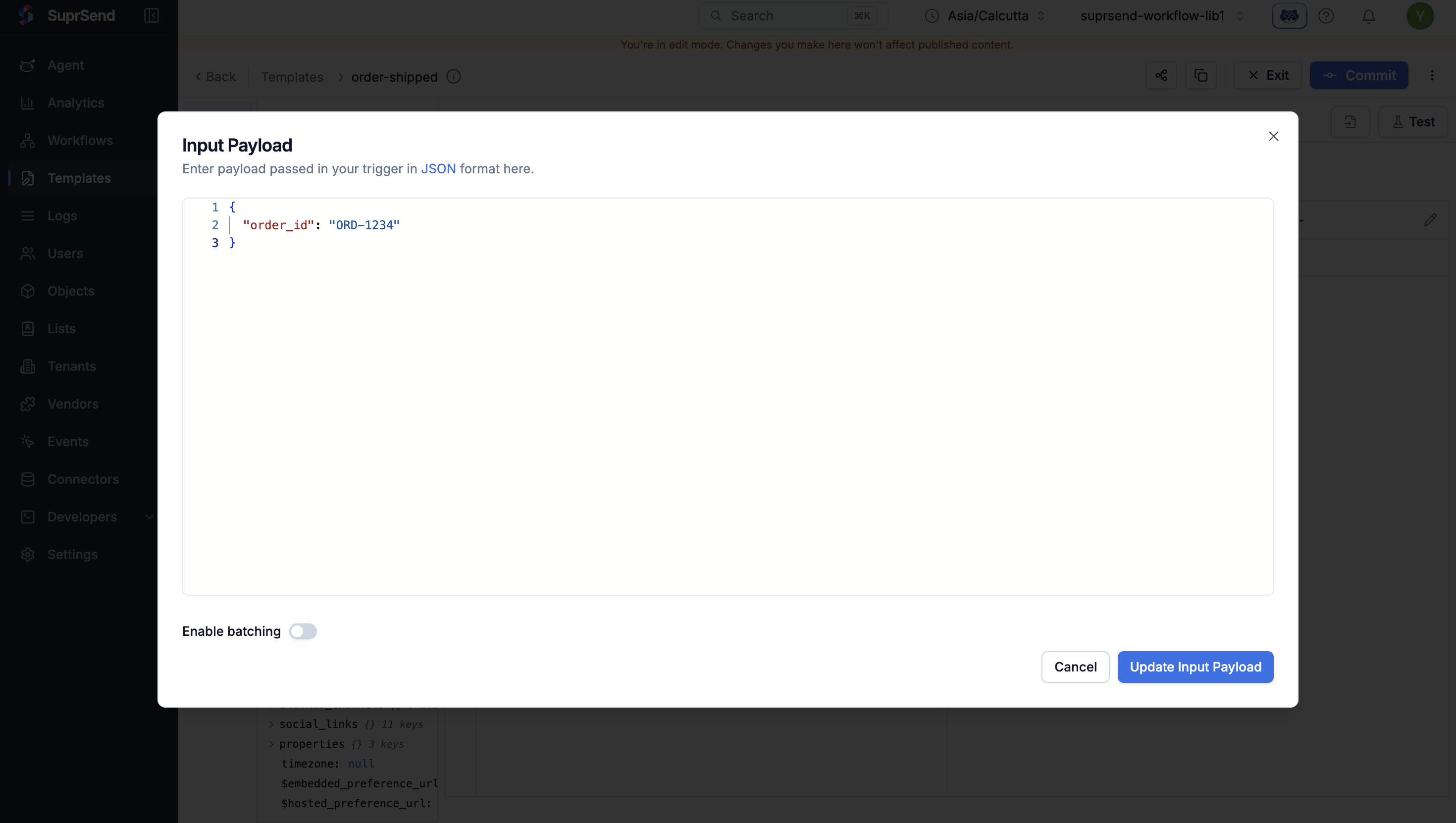 Input Payload modal containing the JSON order_id set to ORD-1234