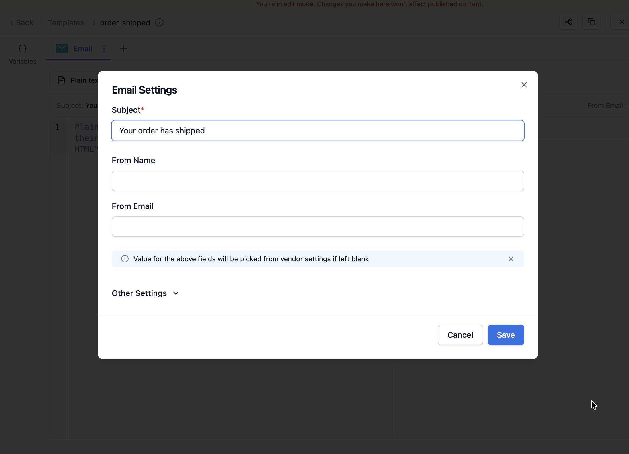 Email Settings modal with the subject set to Your order has shipped