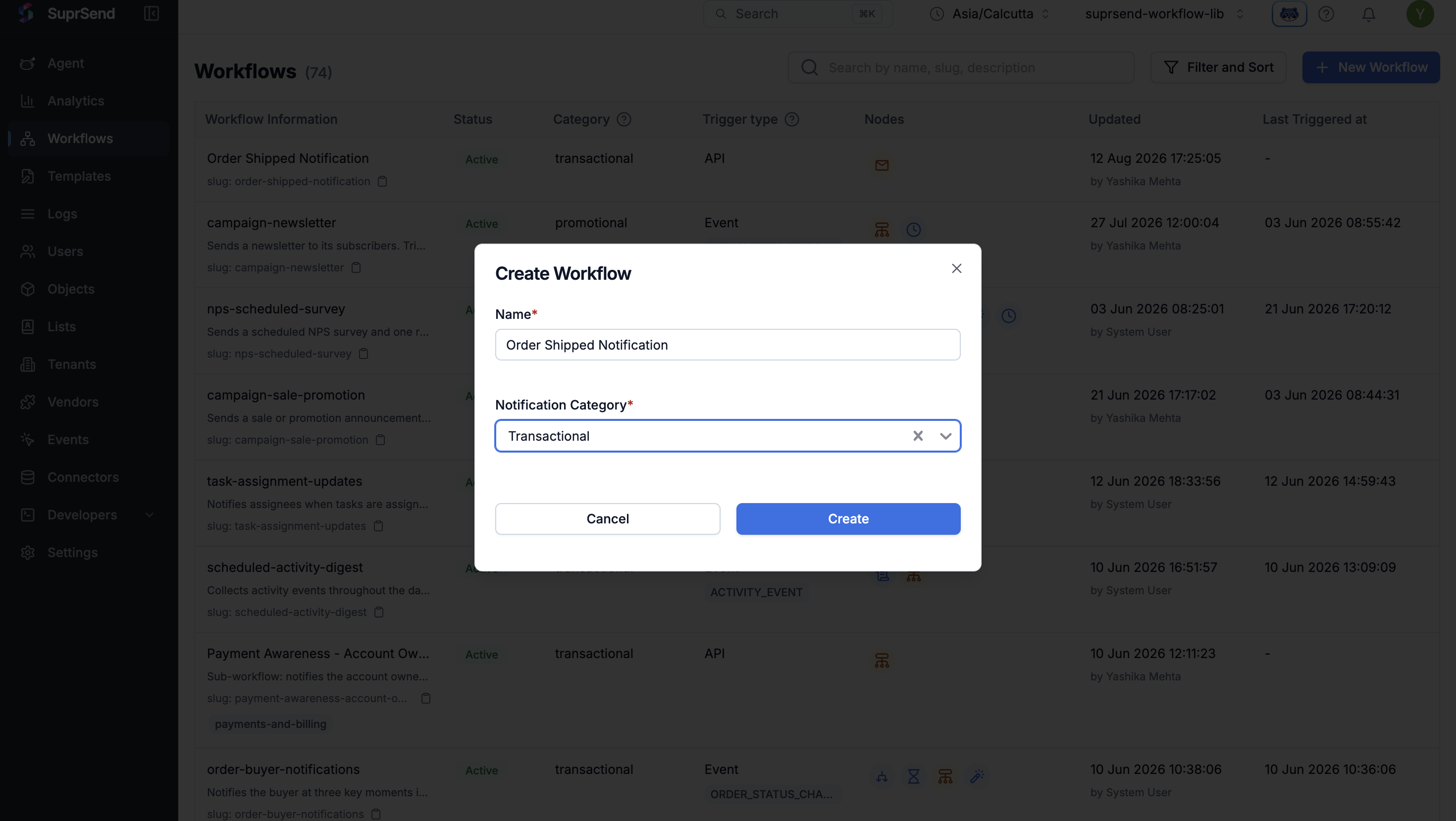 Create Workflow modal with the name Order Shipped Notification and the Transactional notification category selected