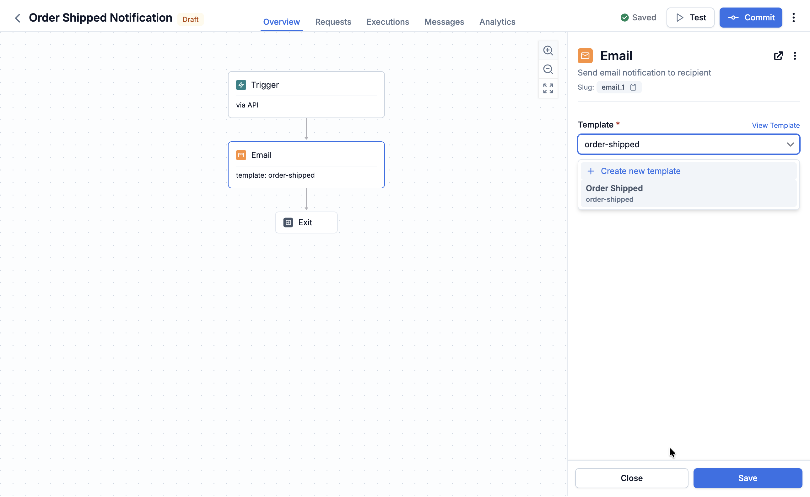 Email delivery node panel with the order-shipped template selected from the template dropdown