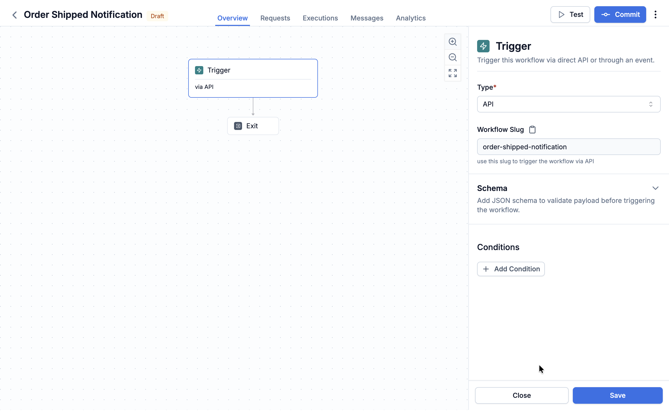 Trigger node panel with Type set to API and the workflow slug order-shipped-notification