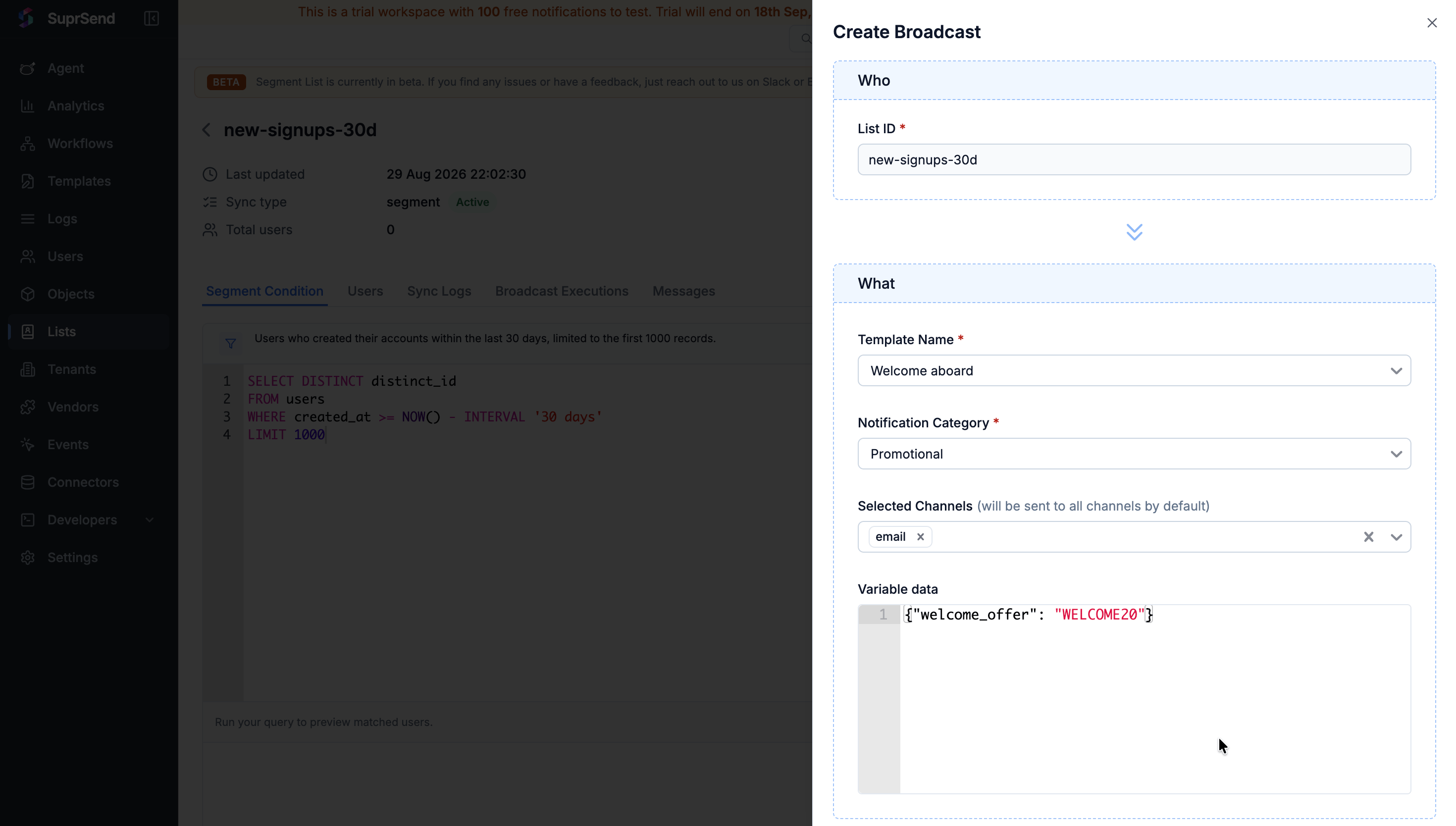 The Run Broadcast form with the list, template, preference category, channels, variable data and scheduling fields