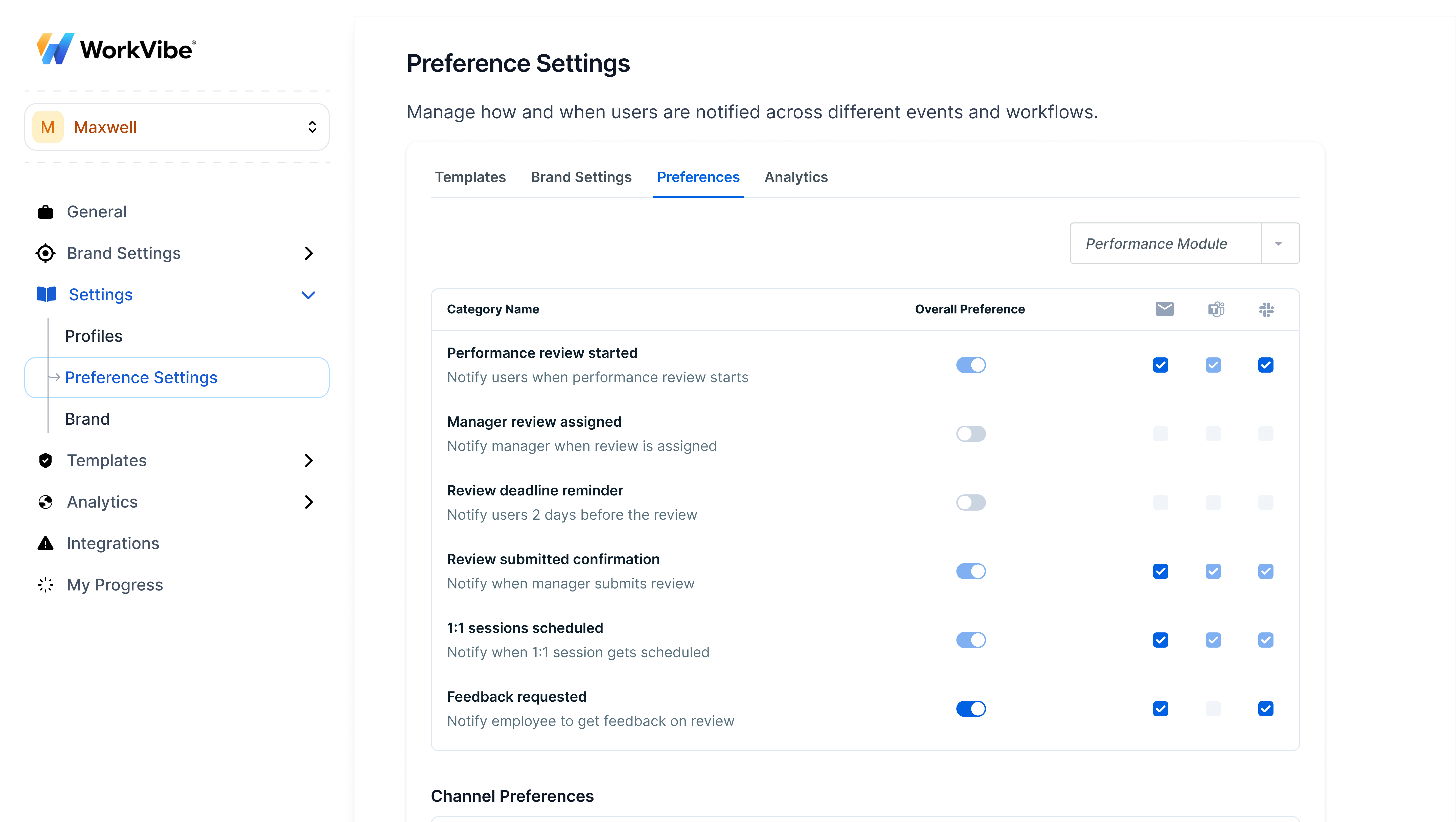 WorkVibe preference settings page