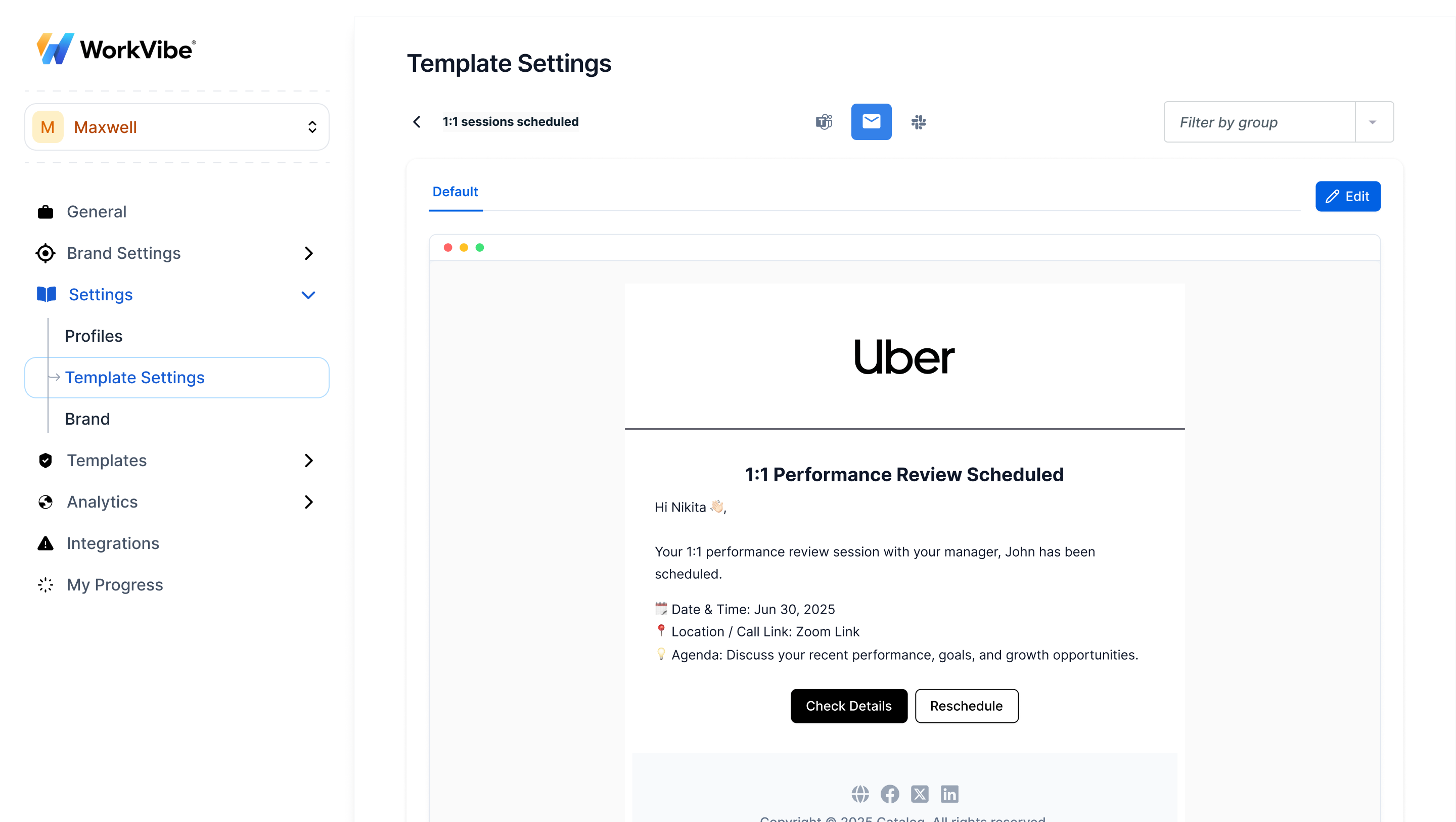 WorkVibe template settings page