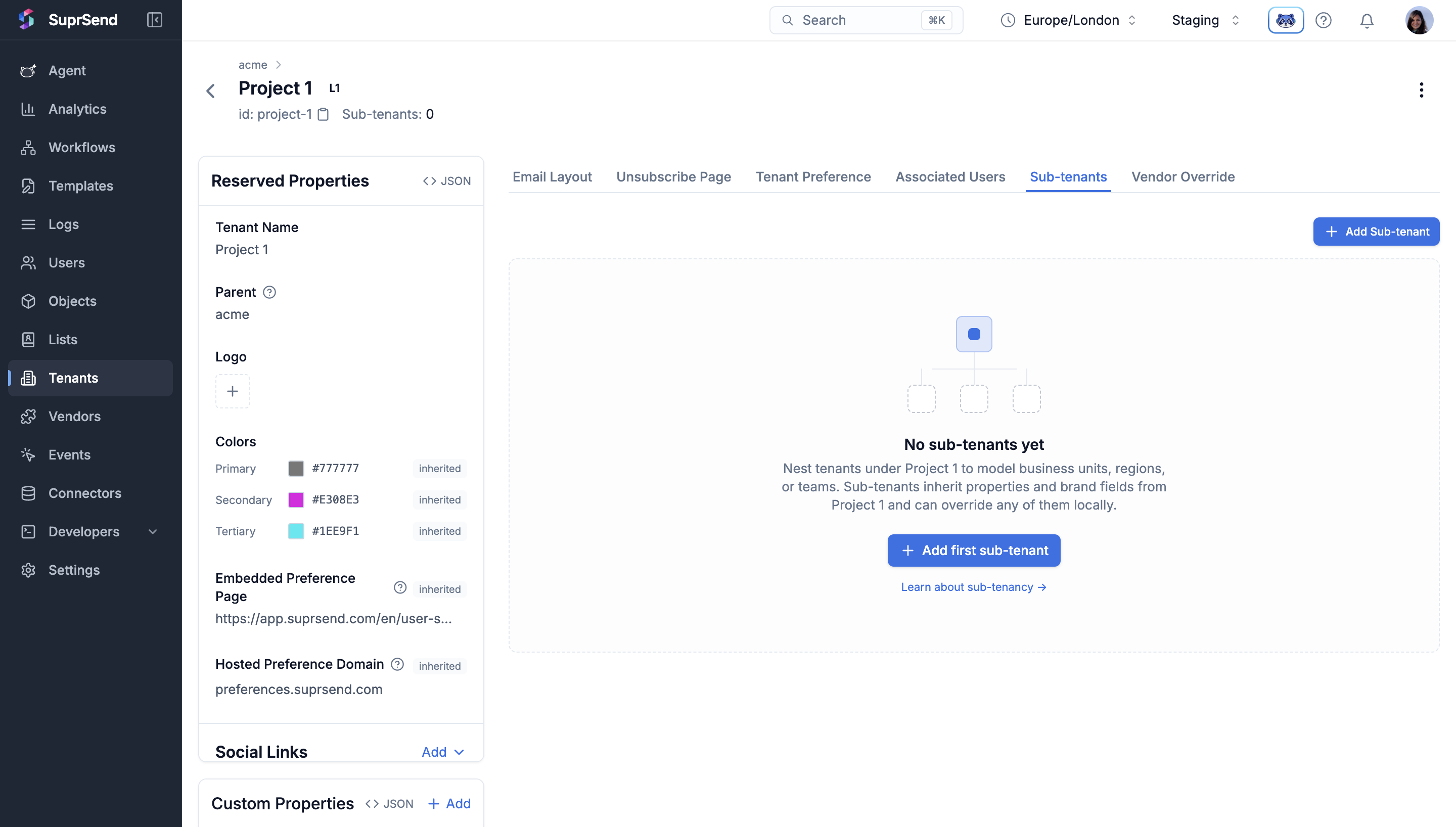 Empty state of the Sub-tenants tab with the Add Sub-tenant CTA