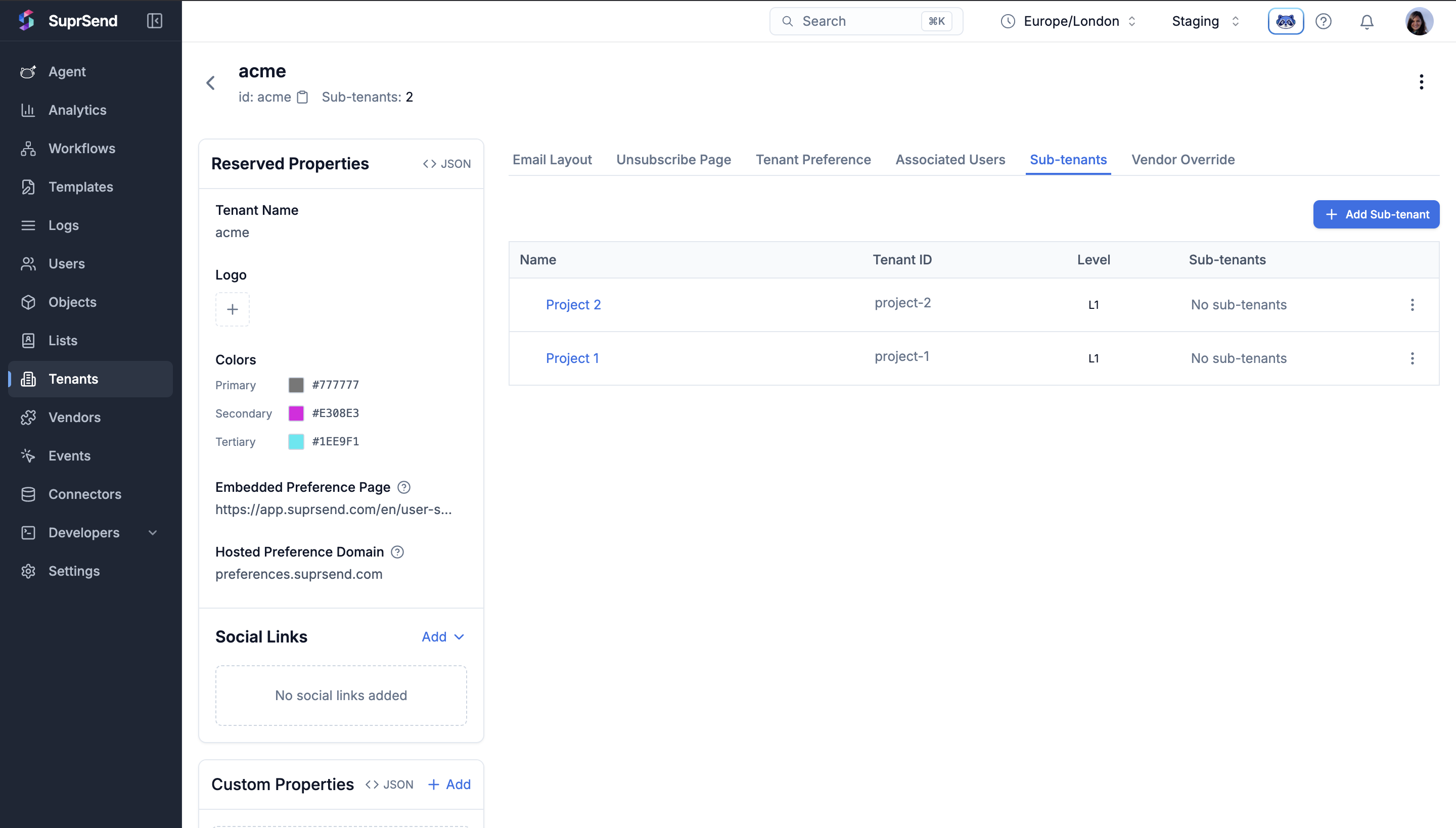 Sub-tenants tab on the tenant details page listing existing sub-tenants