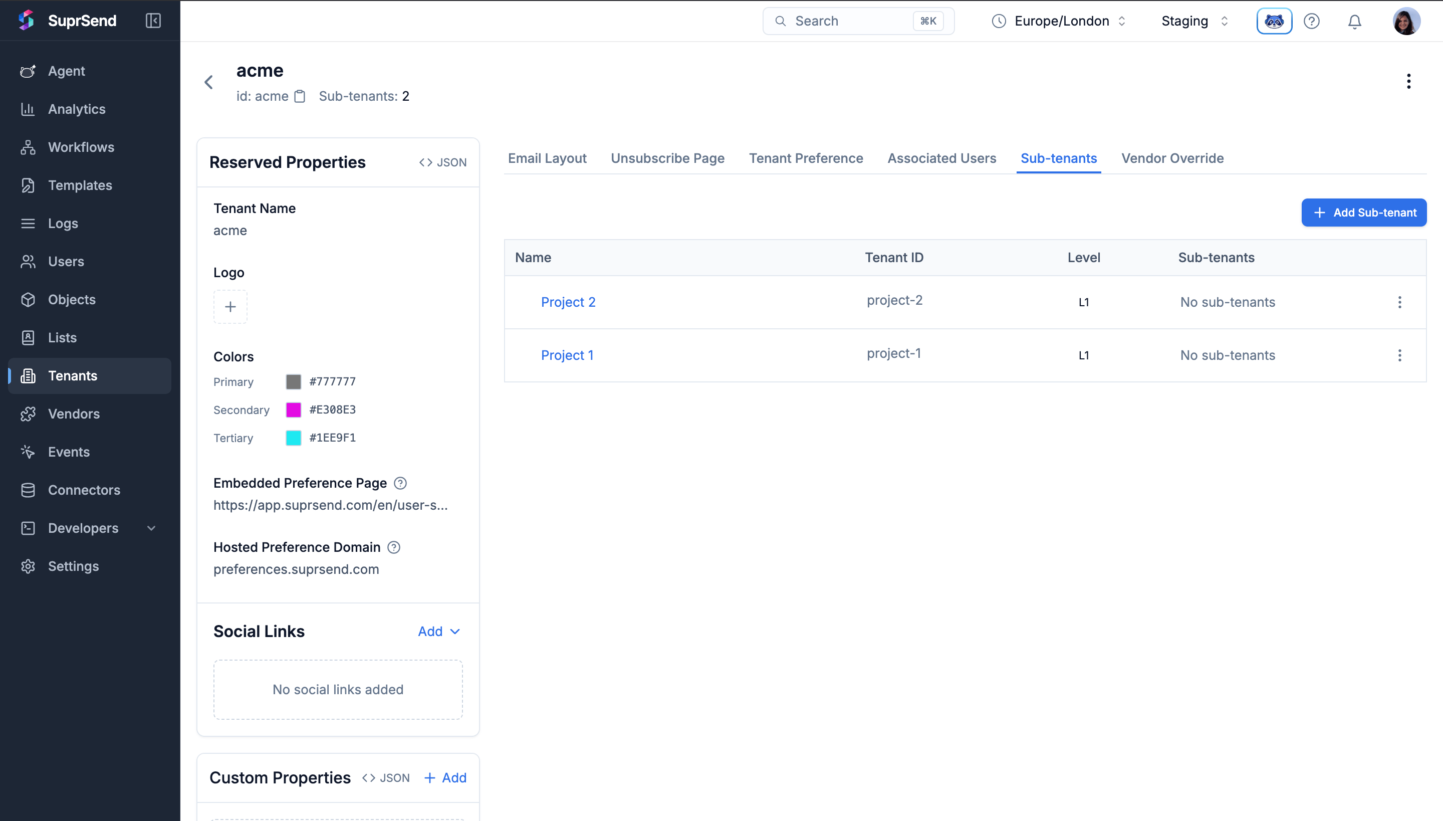Sub-tenants tab on the tenant details page listing existing sub-tenants