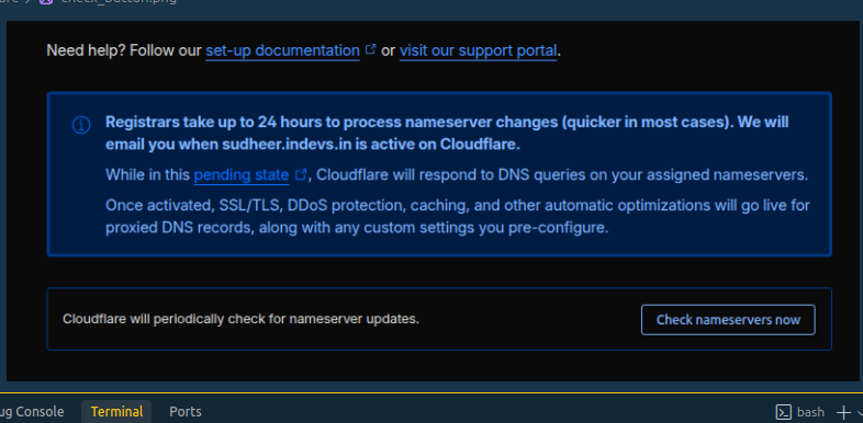 Cloudflare Check nameservers now button