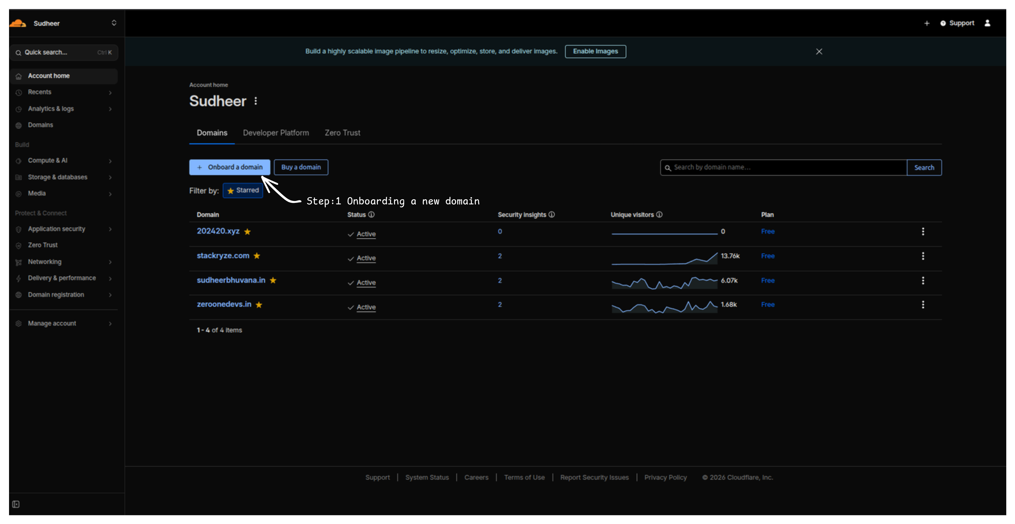 Cloudflare dashboard with Add a Site highlighted