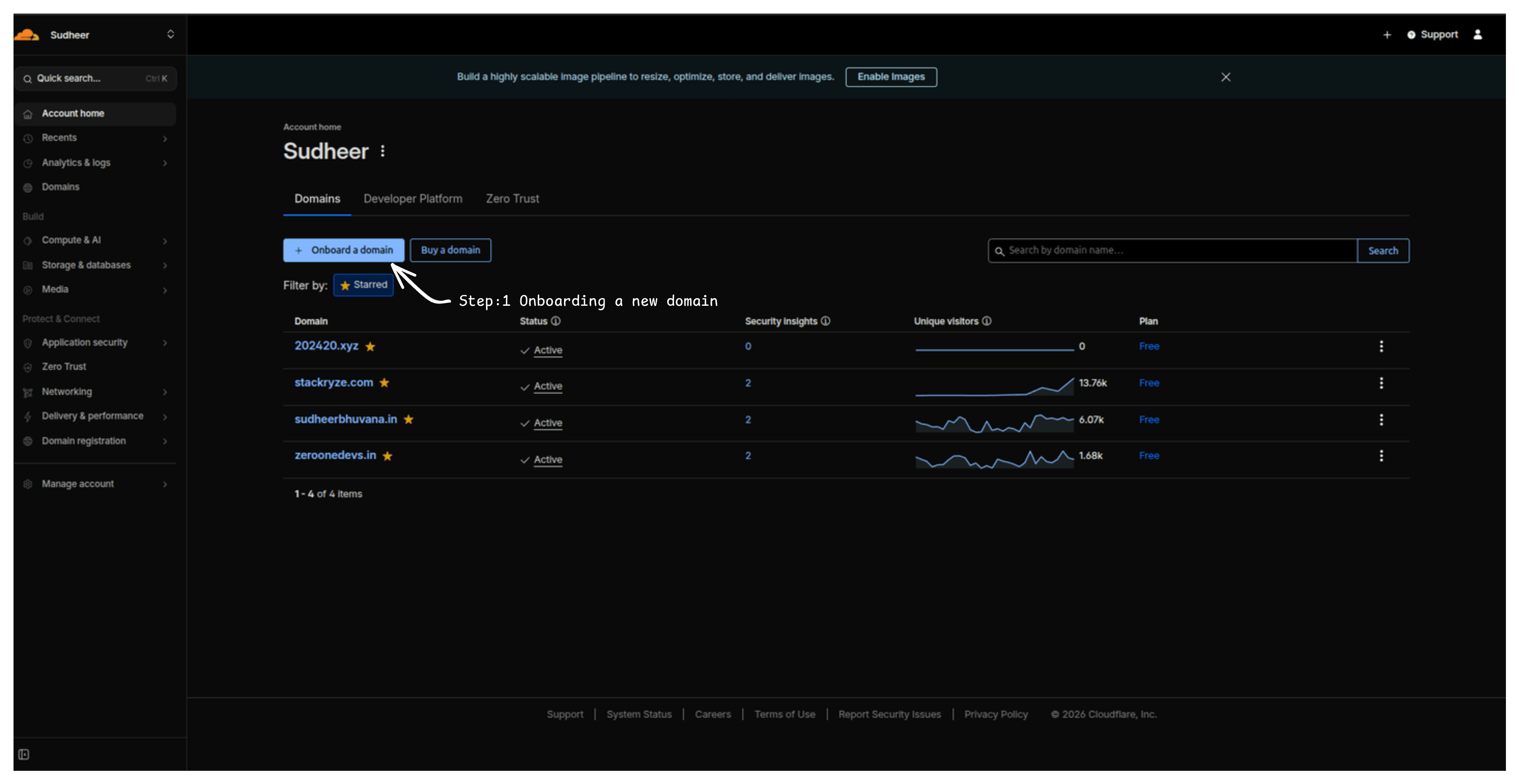 Cloudflare dashboard with Add a Site highlighted