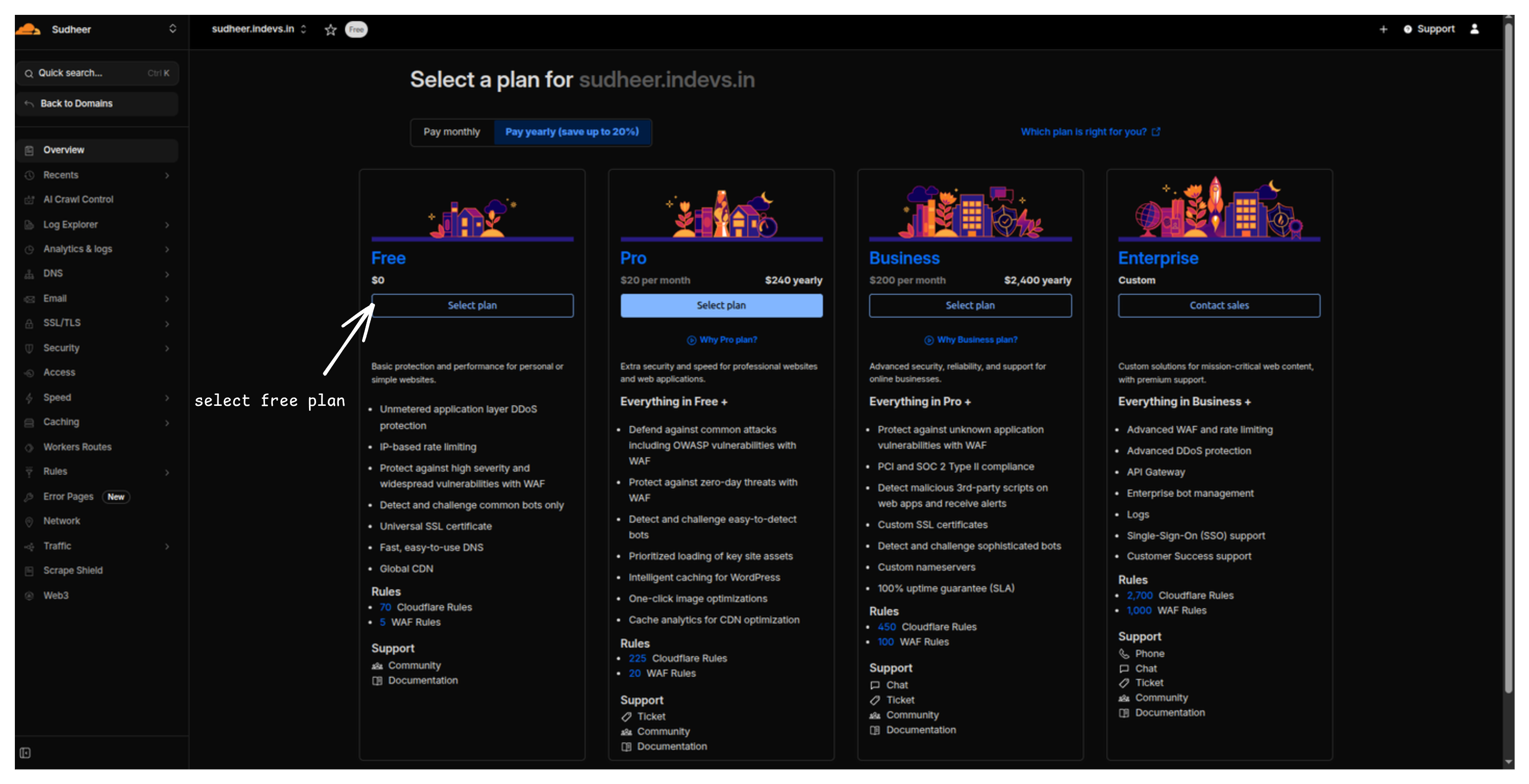 Cloudflare plan selection with Free highlighted