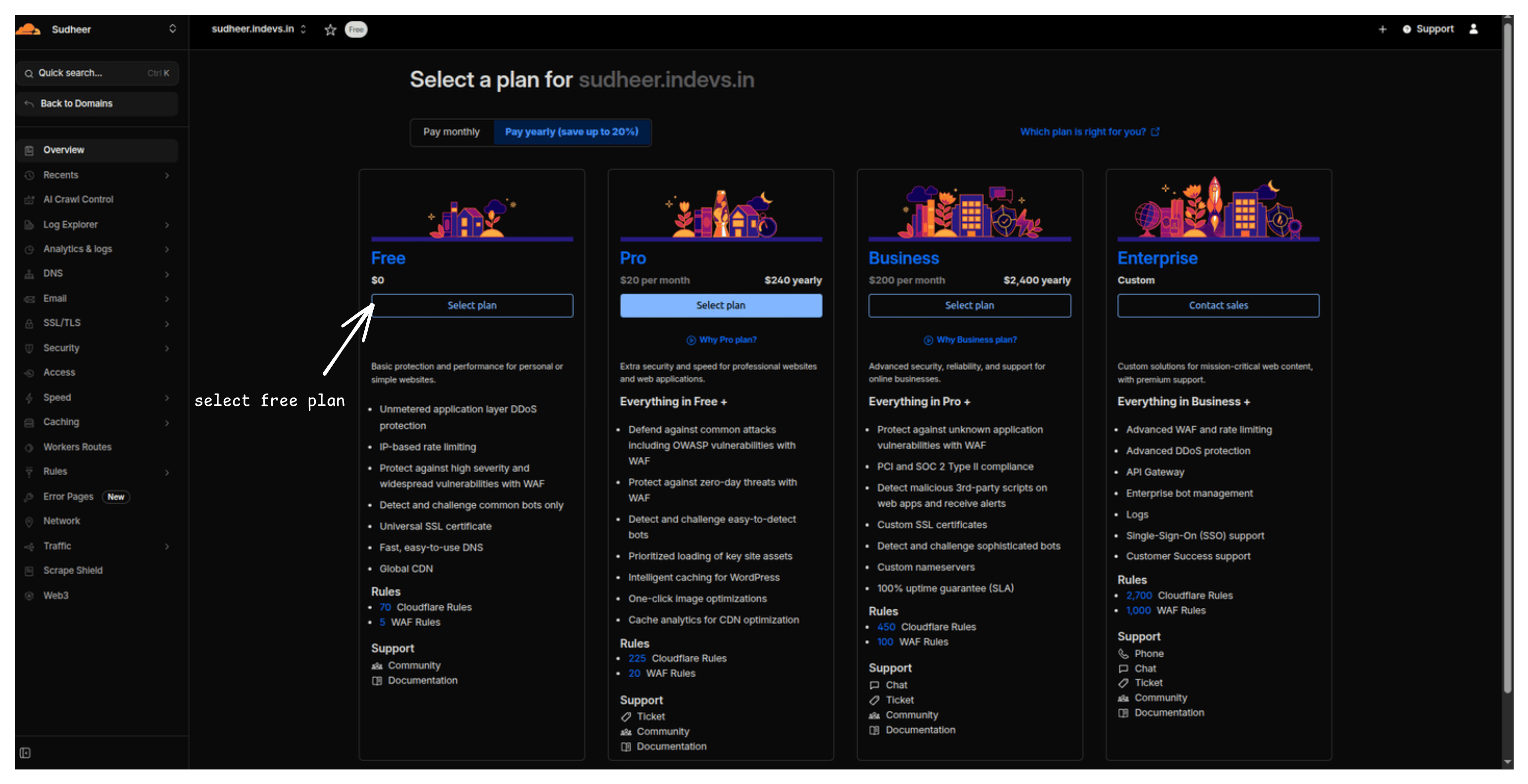 Cloudflare plan selection with Free highlighted