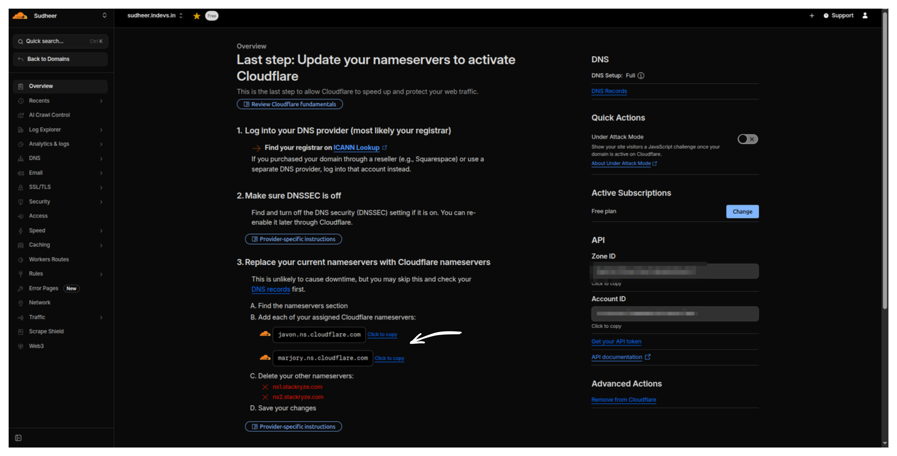 Cloudflare nameservers assigned to the new site