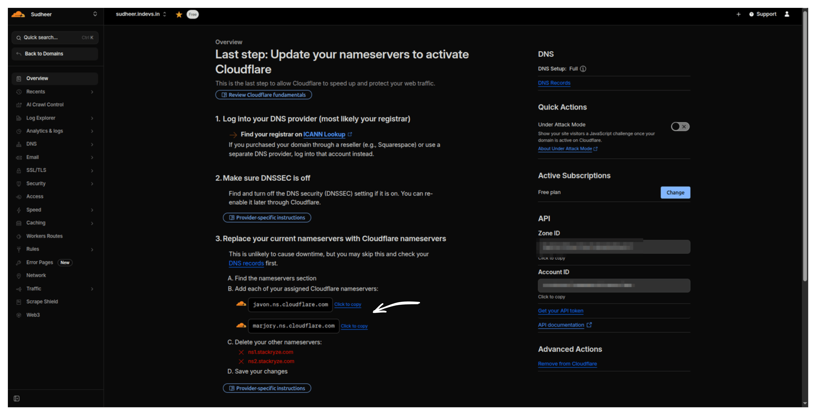 Cloudflare nameservers assigned to the new site