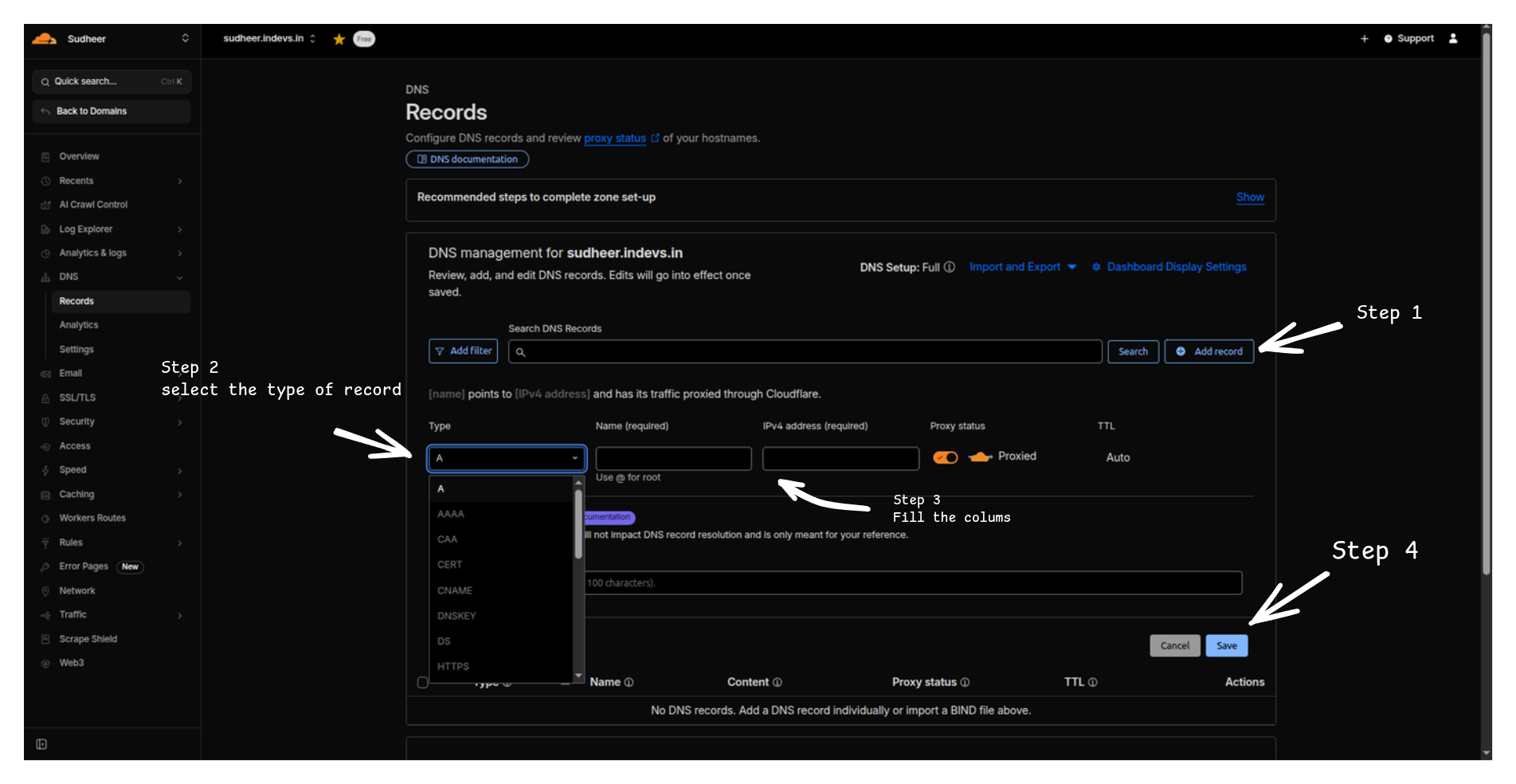 Cloudflare Add record form